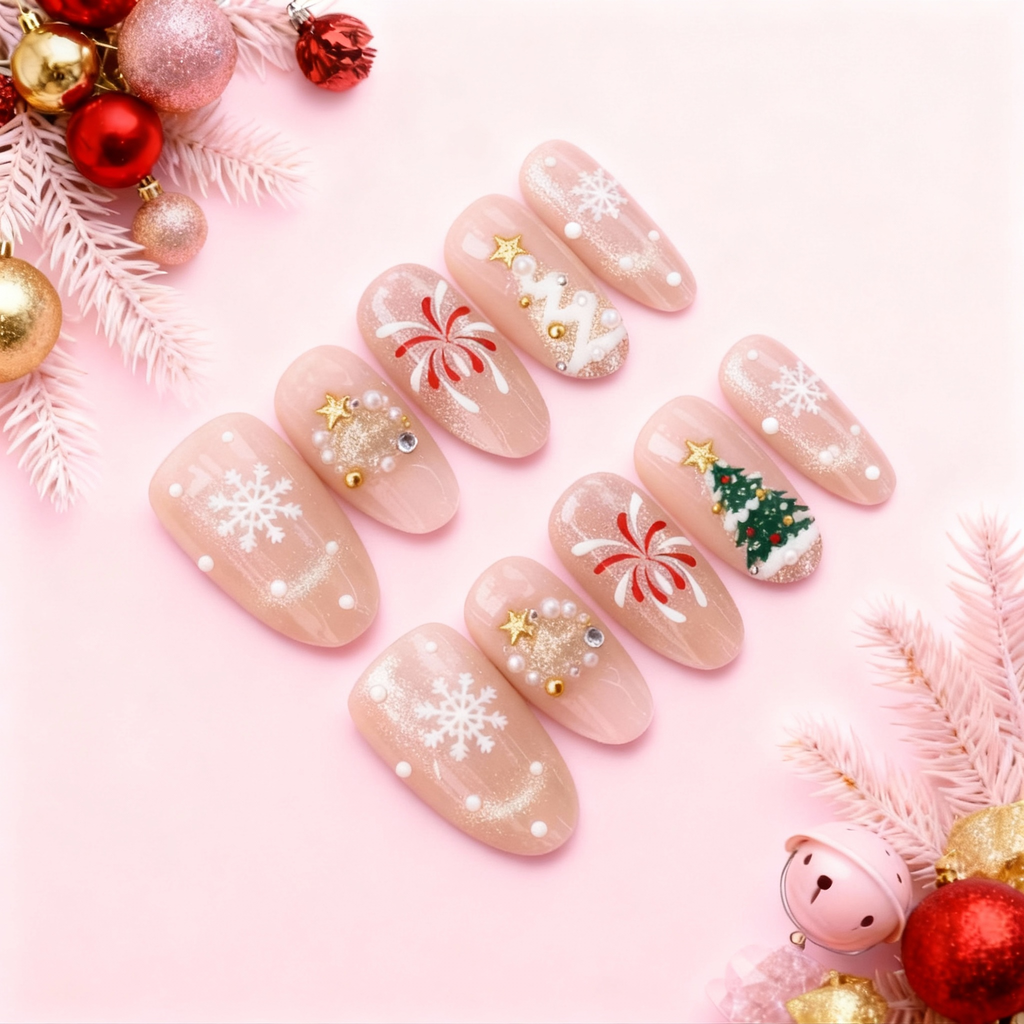 Christmas Firework press-on nails with nude base, red firework accents, white snowflakes, pearl wreath details, and Christmas tree designs on a soft pink holiday background