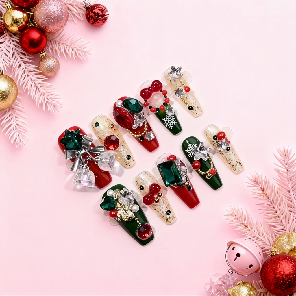 Colorful Christmas press on nails featuring red and green tones, large silver bells, 3D bows, gems and ornament-inspired decorations on a pink background.