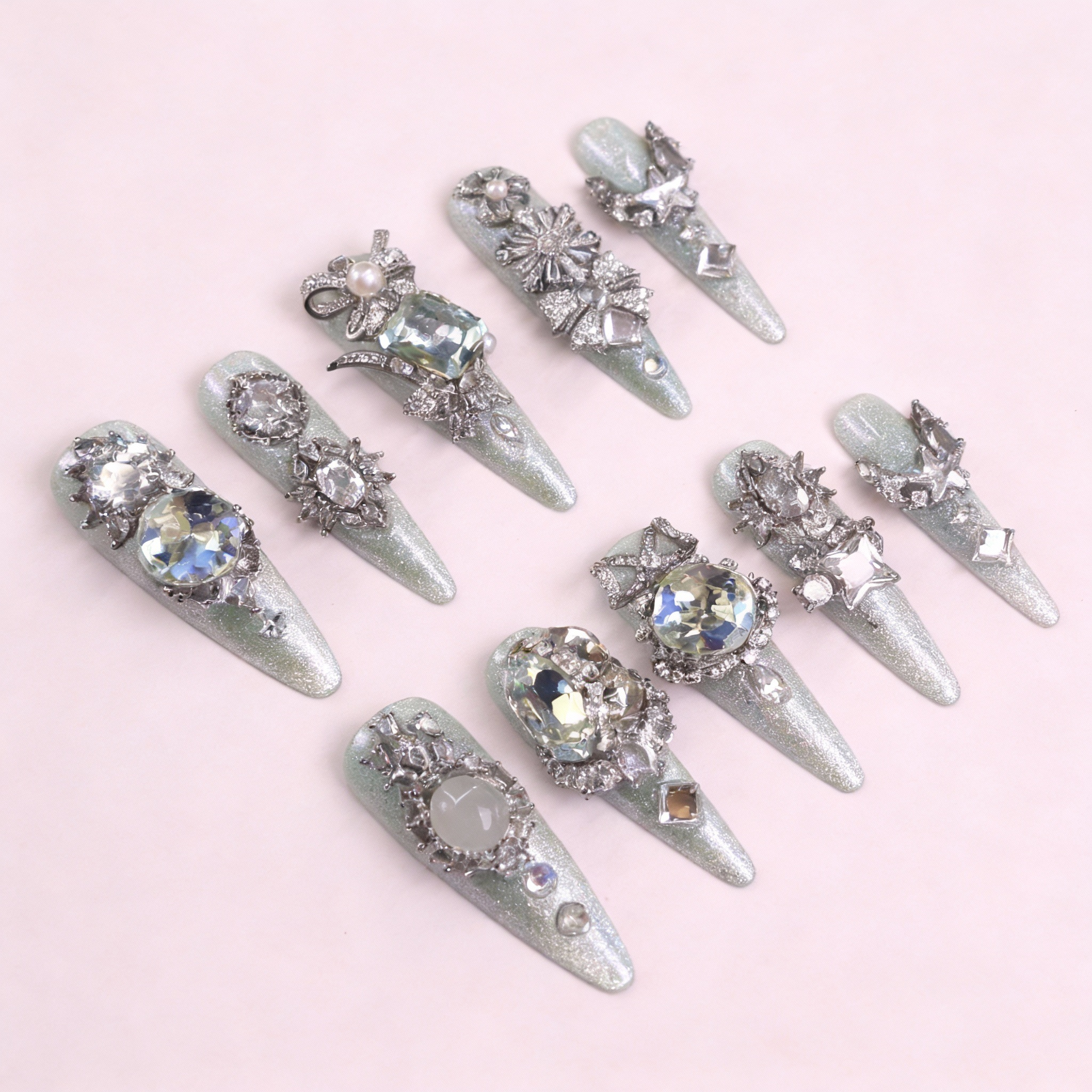 Mint Mambo icy mint sparkly press on nails with soft green shimmer and clean glossy finish