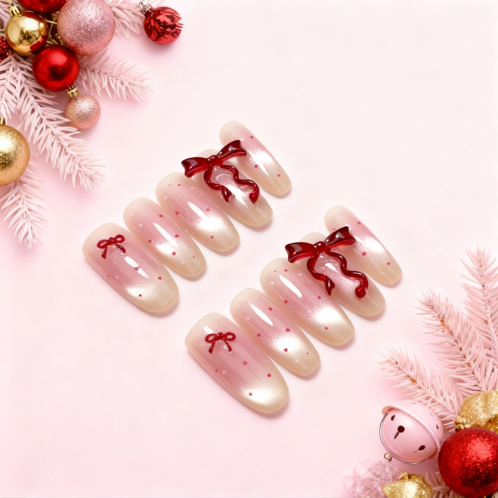 Christmas Ribbon Blush press-on nails with blush cat-eye base, red ribbon bows and red dotted accents on pink holiday background