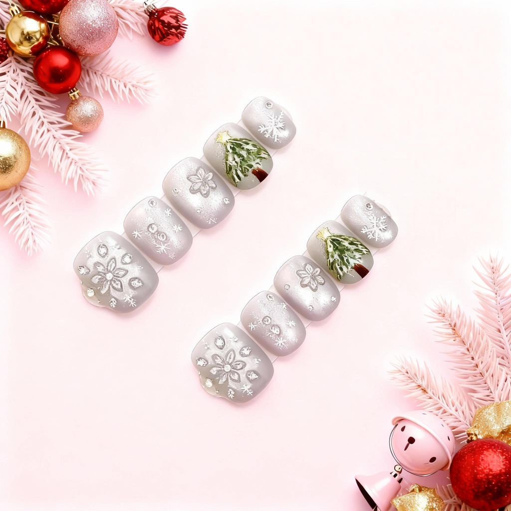Christmas Snowglow press-on nails with frosted white shimmer, crystal snowflakes and Christmas tree