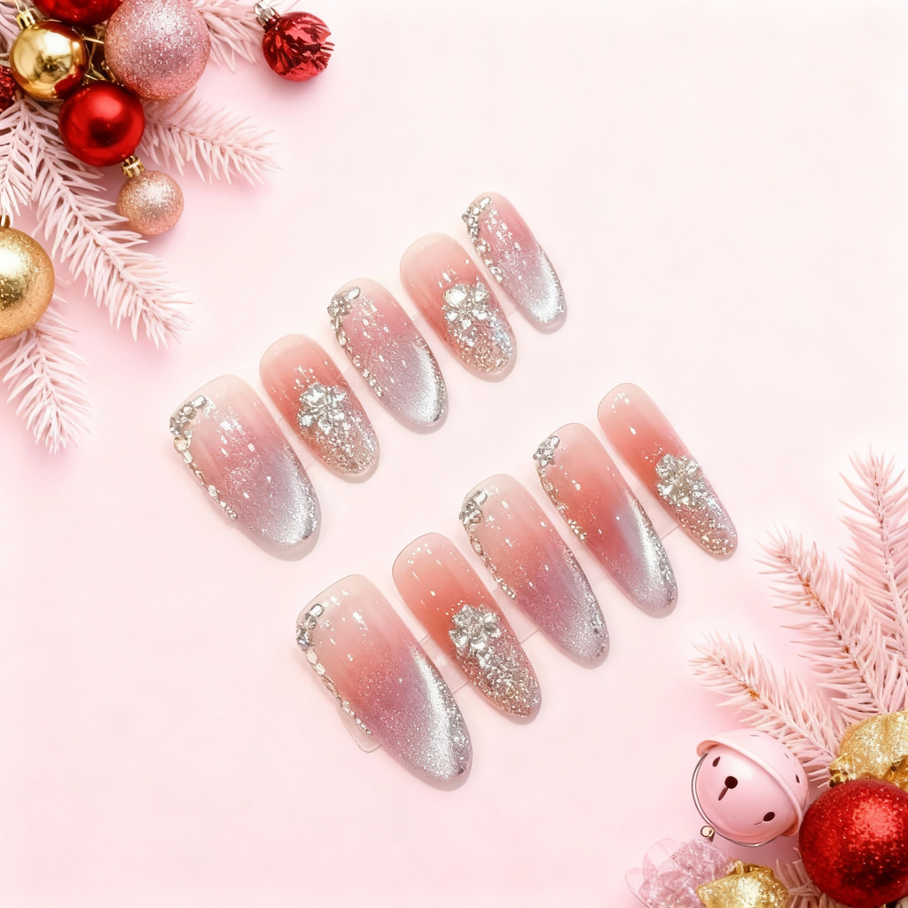 Snowy Blush press-on nails with blush-to-silver cat-eye gradient and crystal snow 