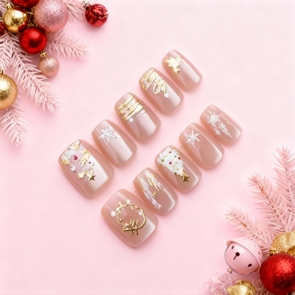 Nude cat-eye Christmas press on nails with gold-painted trees, shooting stars, snow accents and a gold wreath charm arranged on a pink holiday background.