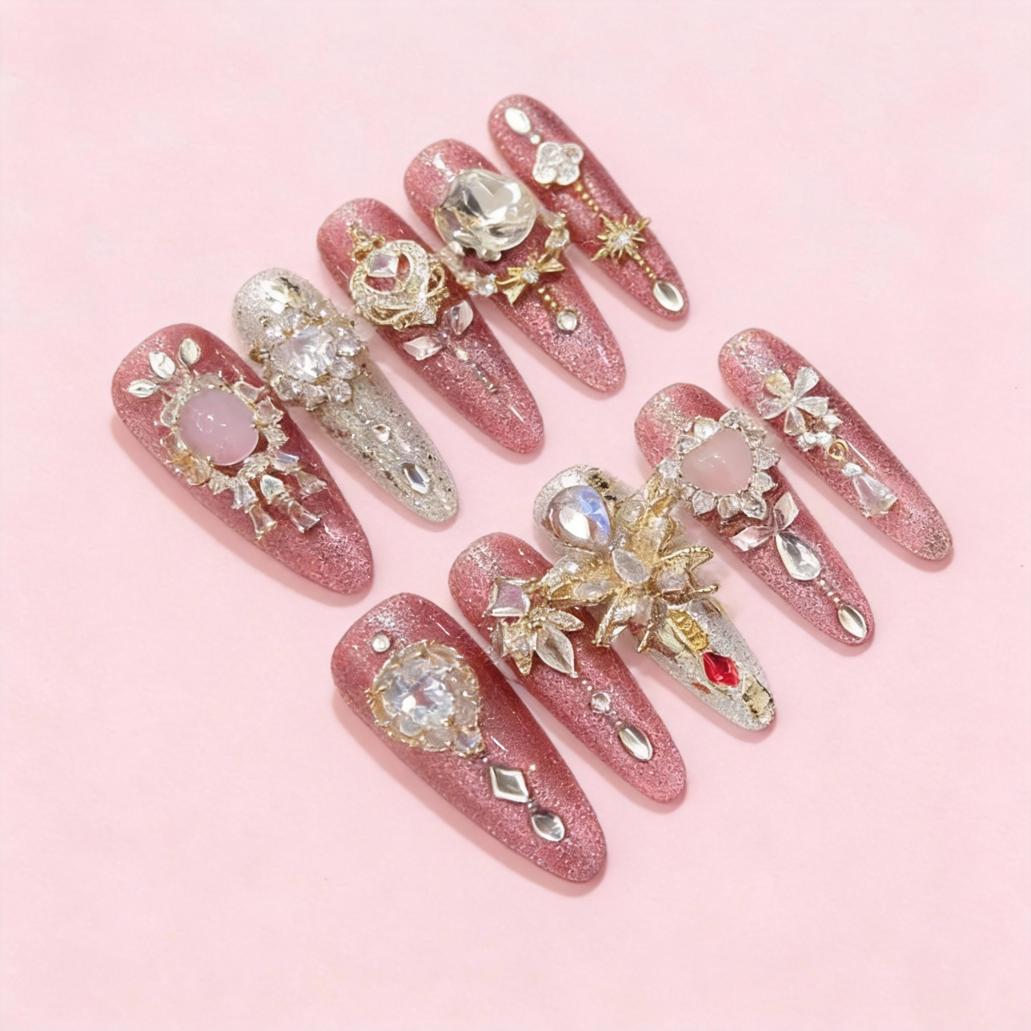 Rose pink shimmer press-on nails with delicate decorative details, Rose Dust