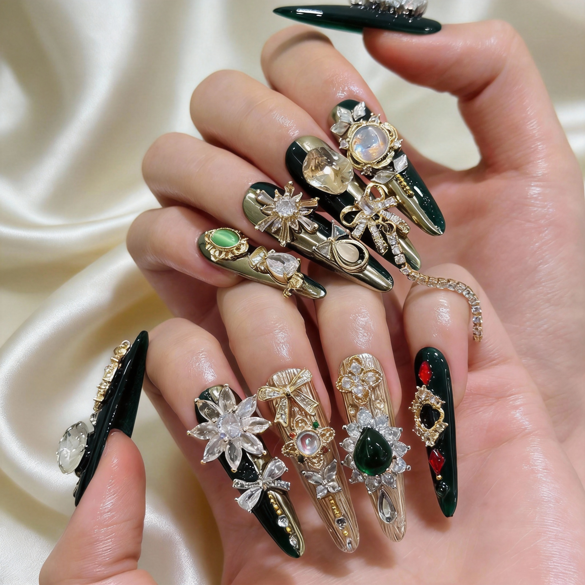 Simple green and gold press-on nails for everyday styling