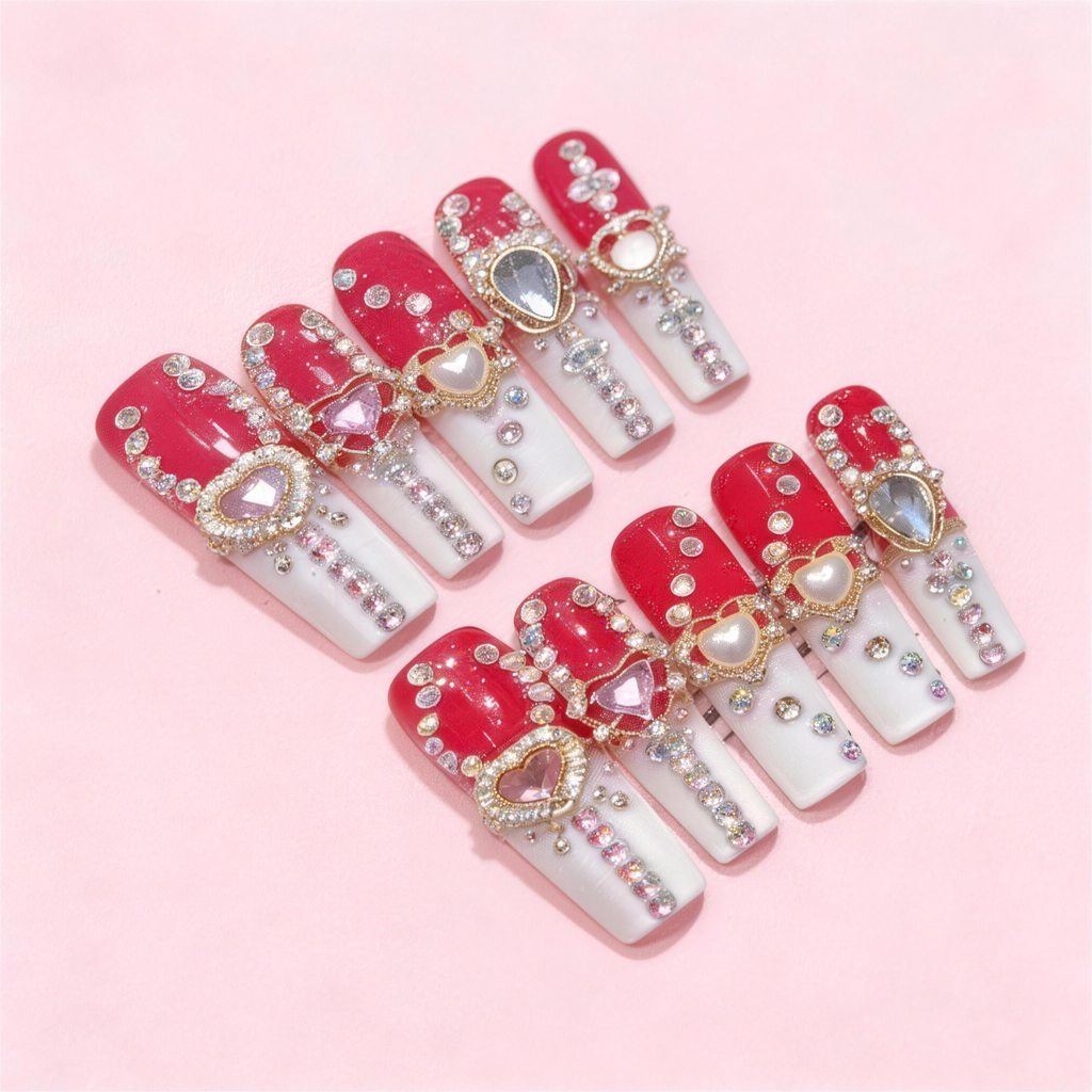 Red and white gradient press-on nails with crystal embellishments, Scarlet Serpent