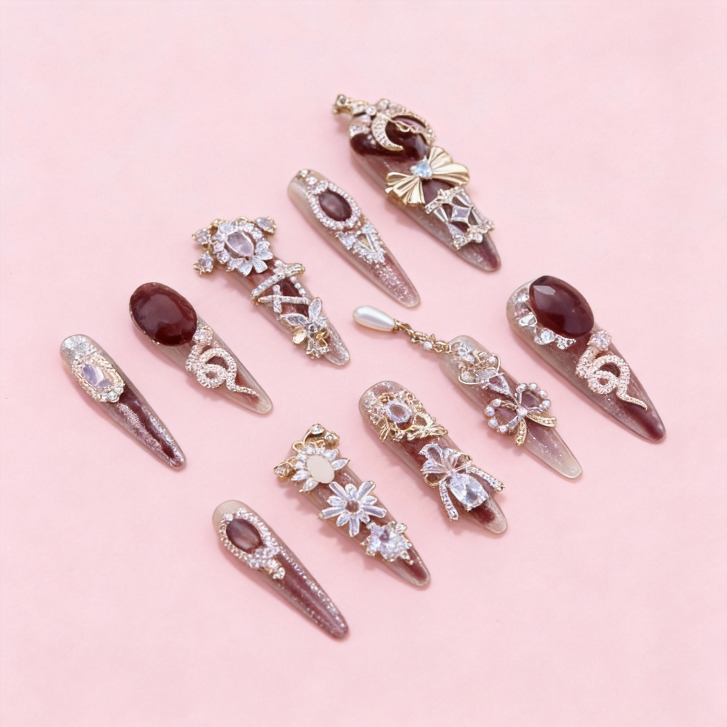 Red-brown press-on nails with floral accents and subtle crystal details, Chestnut Bloom