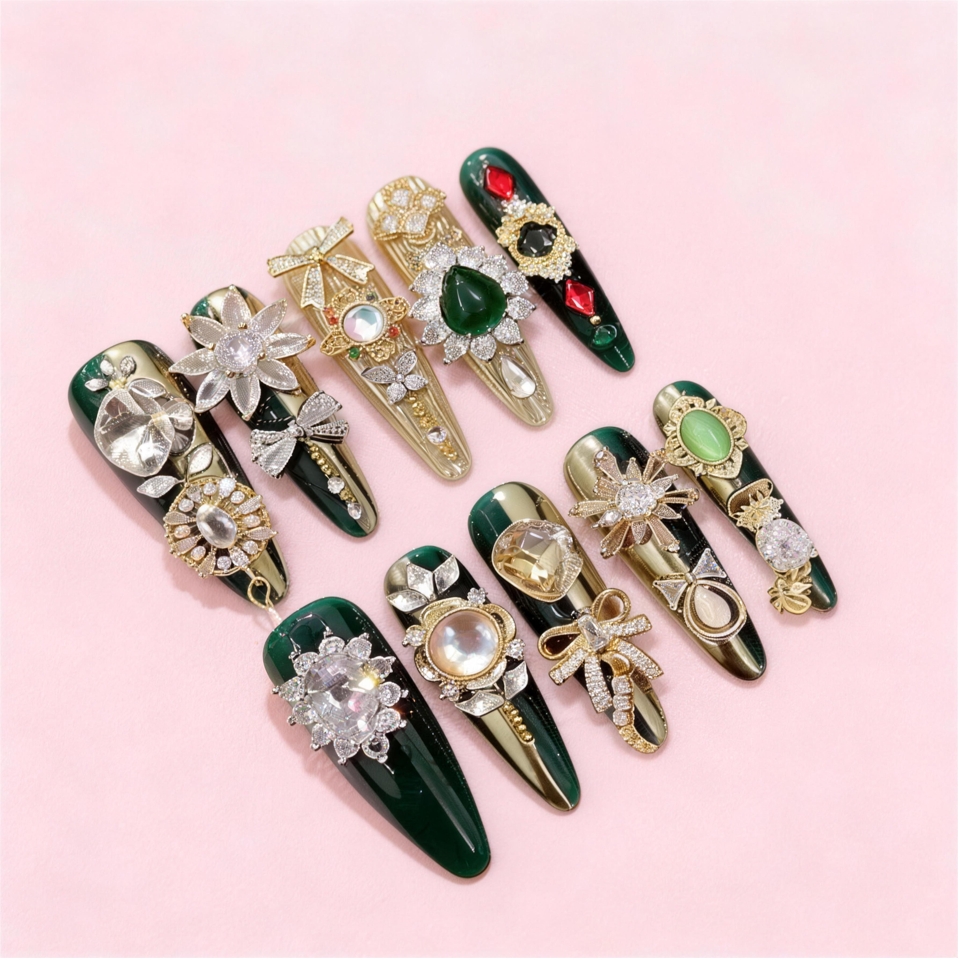 Green and gold press-on nails with simple decorative accents, Evergreen Classic