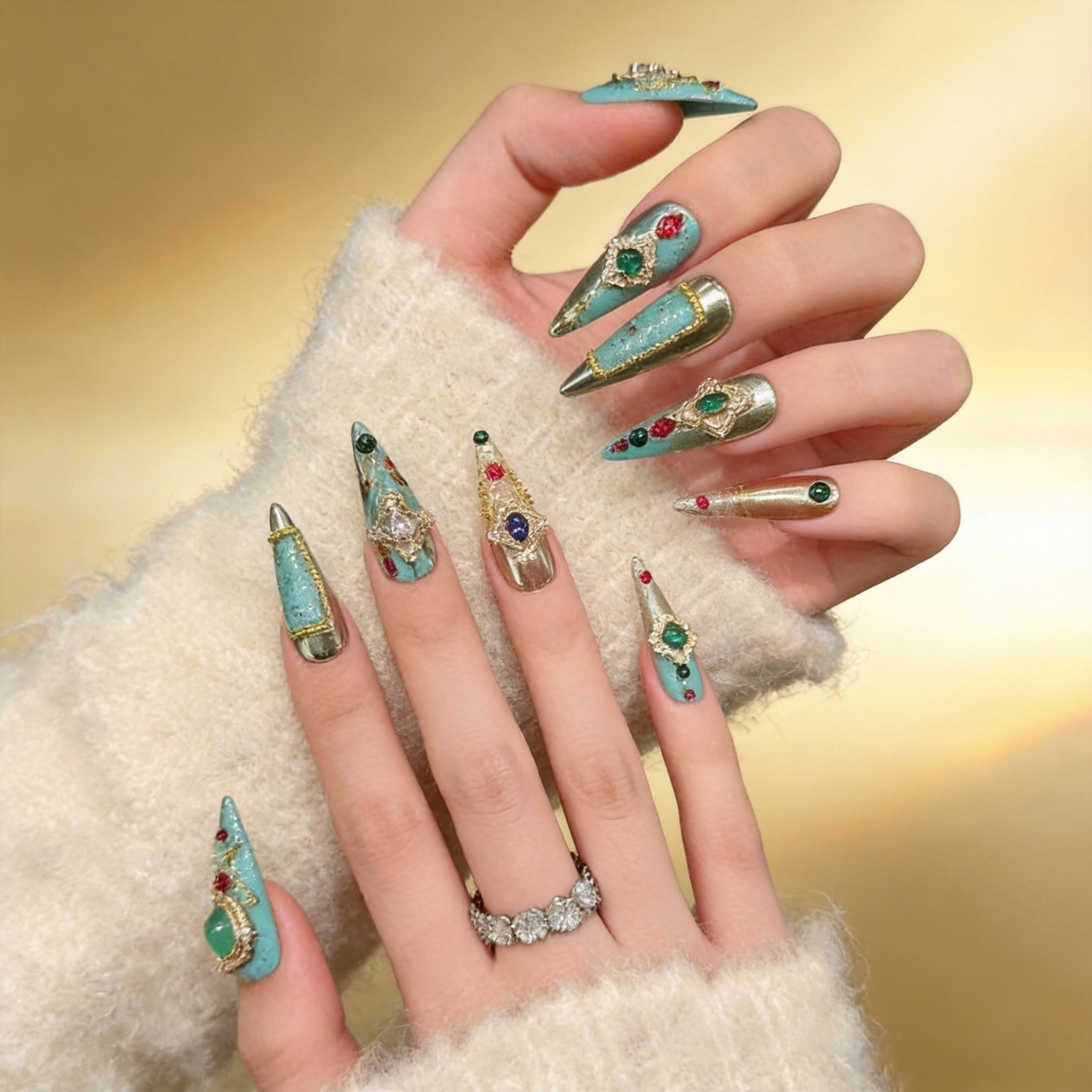 Turquoise Caravan press-on nails with bright blue tones, gold accents, and Central Asian inspired details on hand