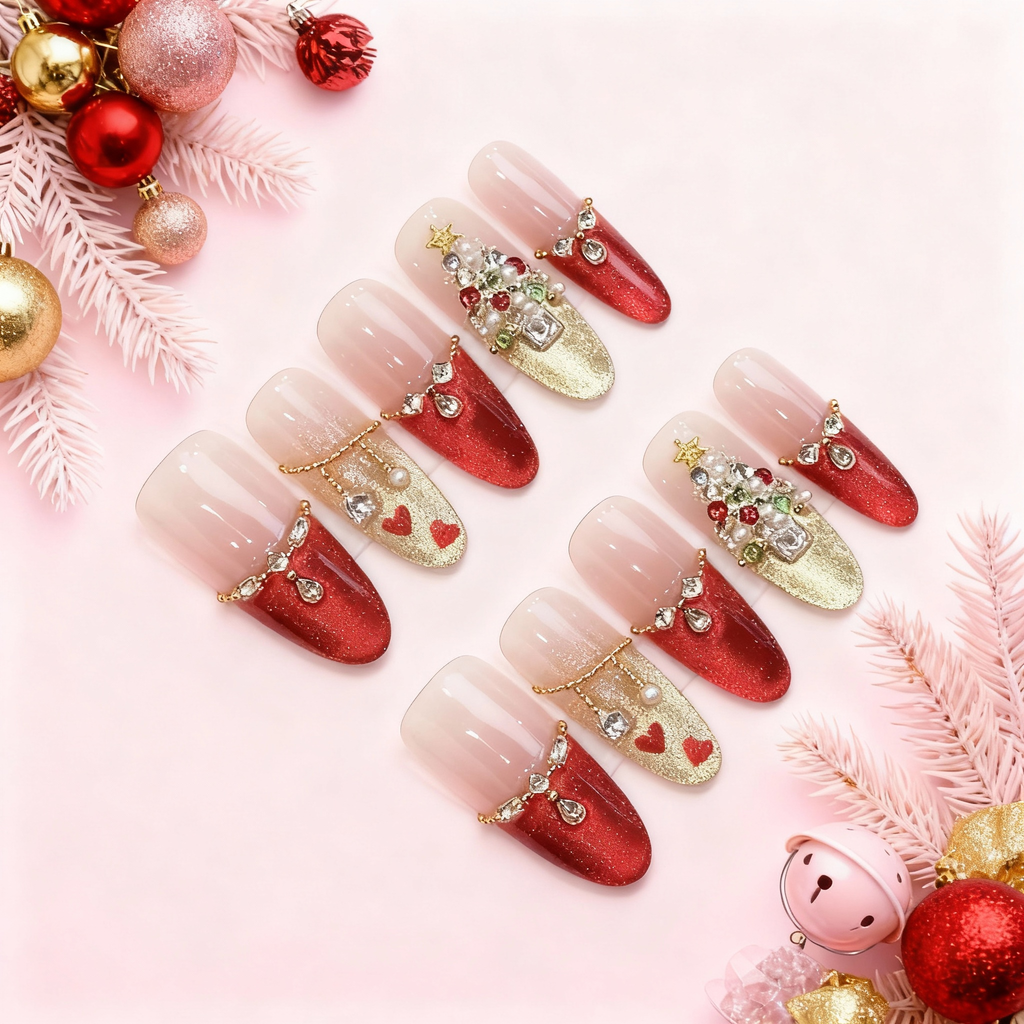 red and gold Christmas press-on nails with glitter ombré, jeweled charms, hearts and 3D Christmas tree design