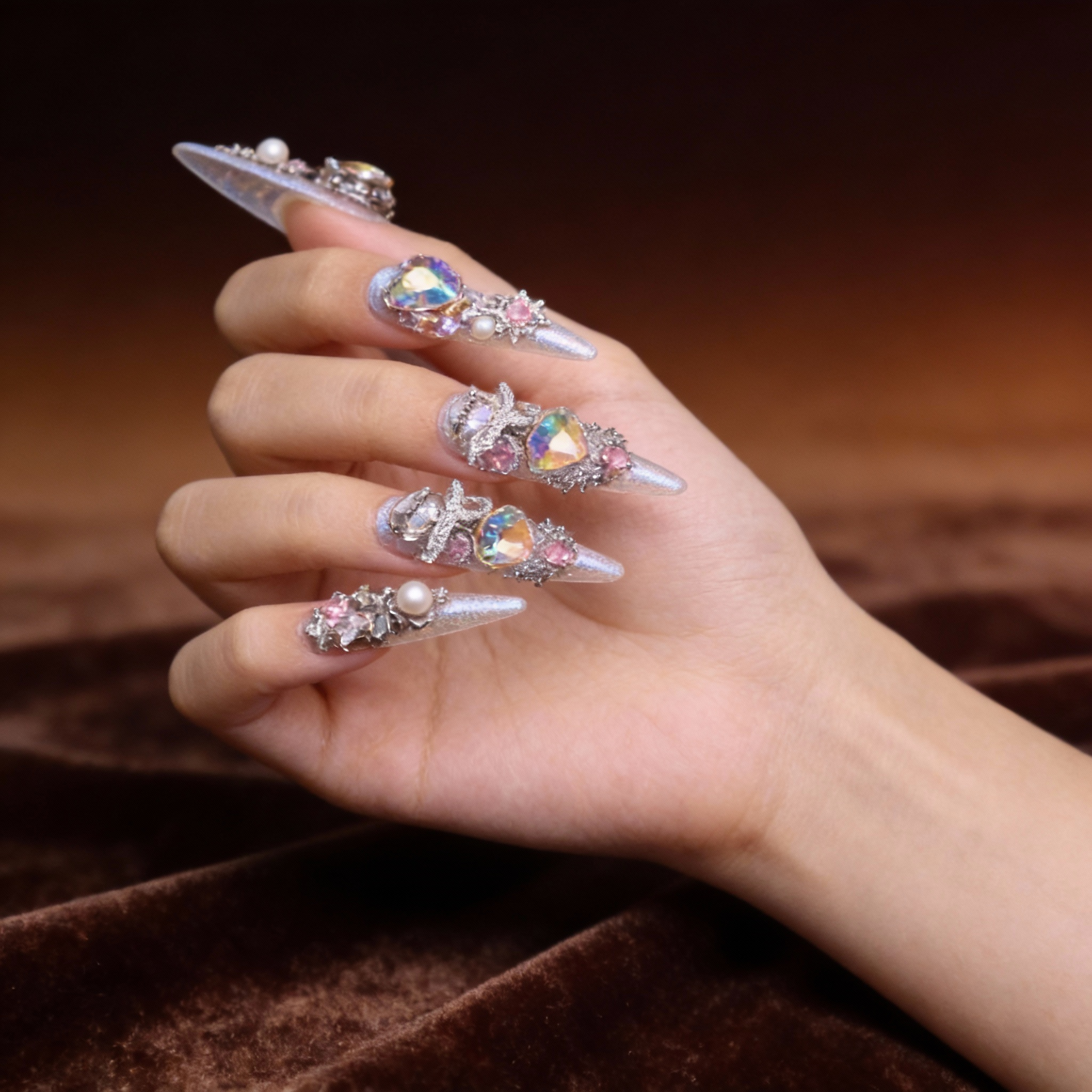 La Trace luxury press on nails worn on hand, icy pink shimmer nails with luminous sparkle and refined finish