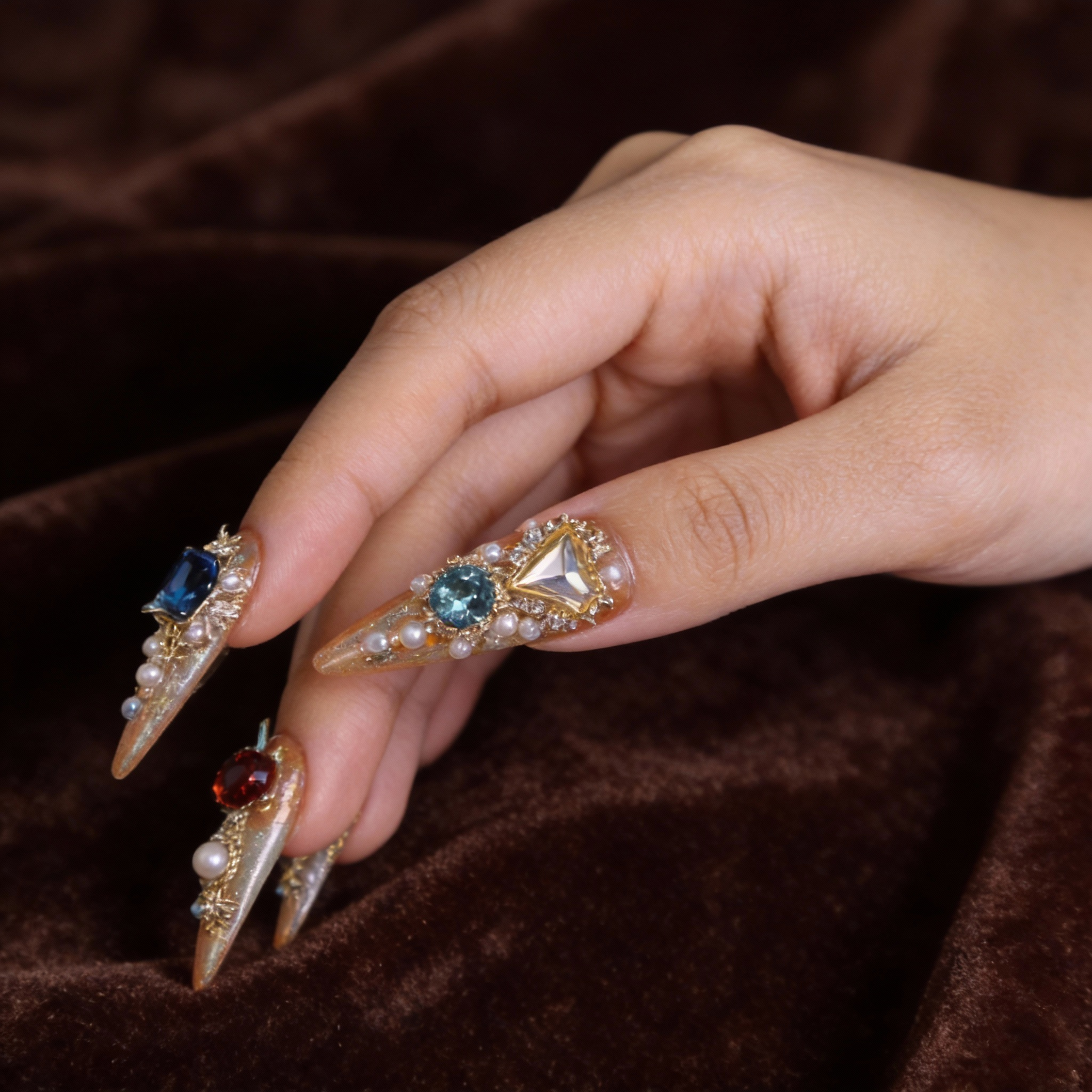 Silk Road luxury press on nails worn on hand, showcasing gold, amber, and blue gemstone nail art with pearl accents