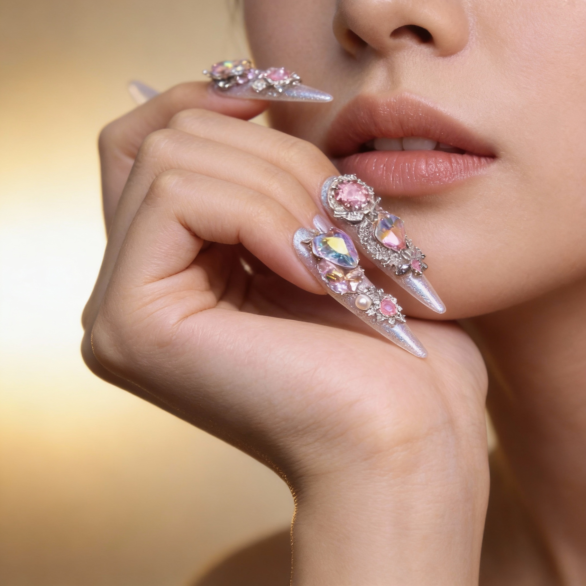 La Trace luxury press on nails worn on hand, icy pink shimmer nails with luminous sparkle and refined finish