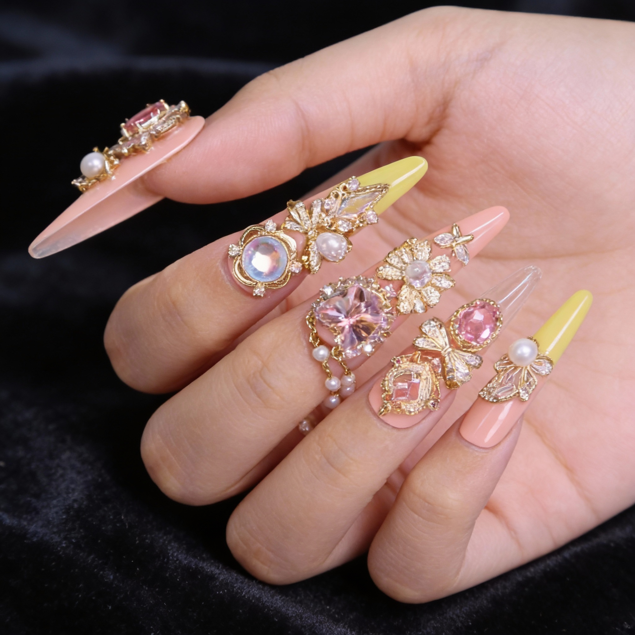 Luxury press on nails Secret Jewel Box on hand, romantic pink nail design with crystals and pearl embellishments