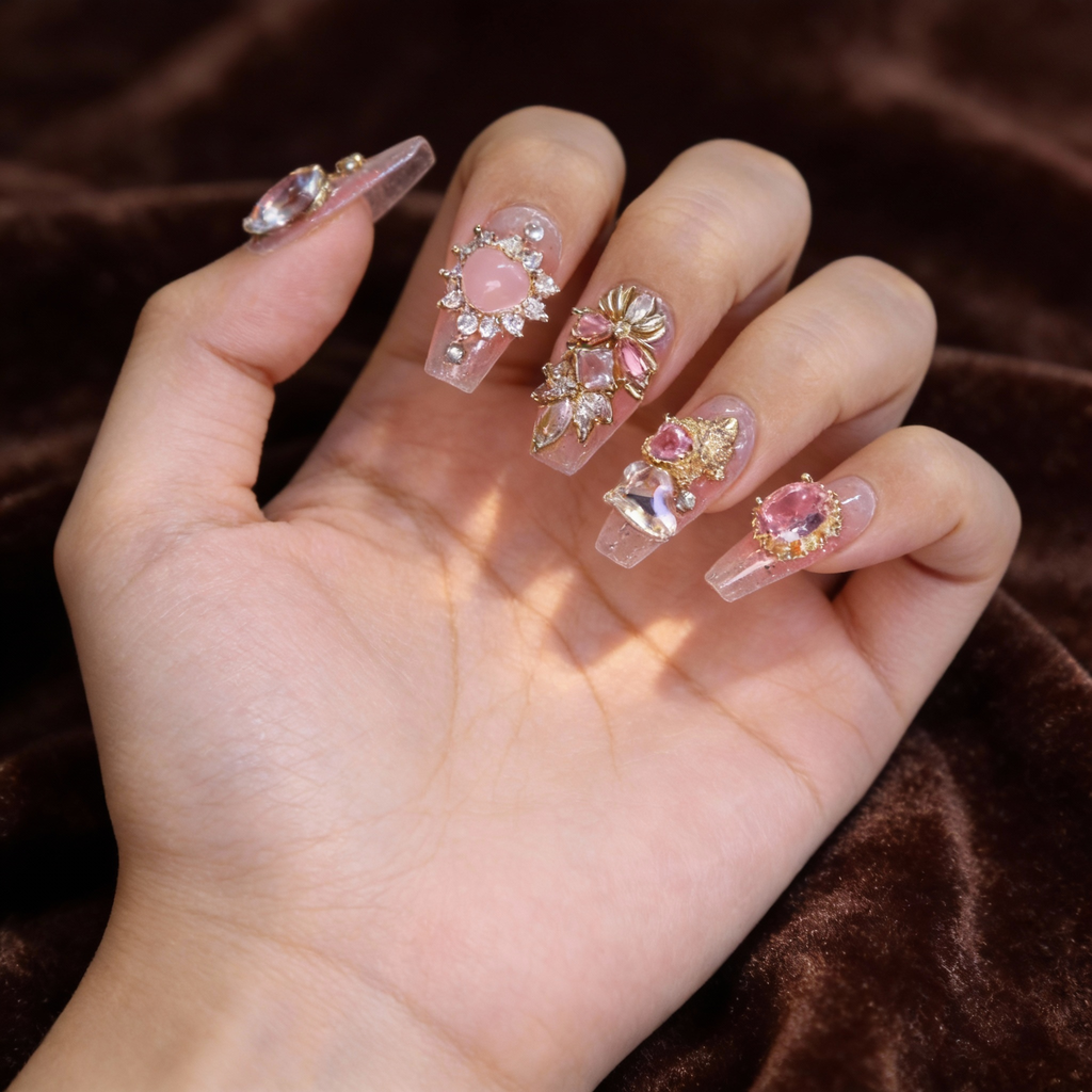 Close-up of short statement press on nails with fox motif, pearl accents, and jewel-inspired gold embellishments