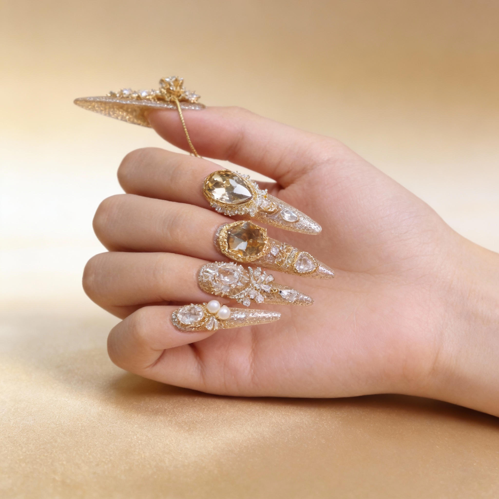 Close-up of gold press on nails with sculptural crystal arrangement and pearl details, luxury nail art inspired by fine jewelry