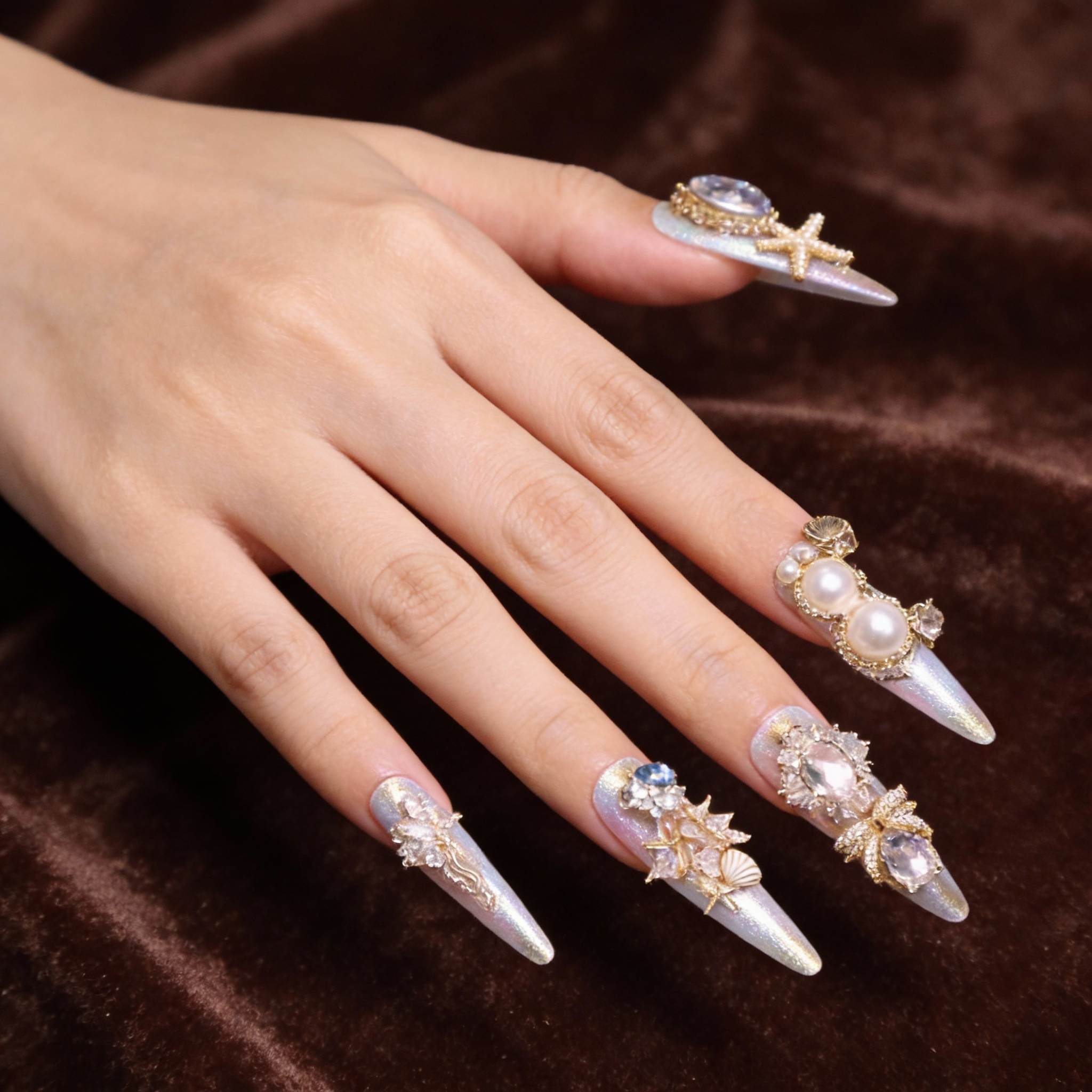 Luxury mermaid sparkly nails featuring soft color gradients and pearl embellishments