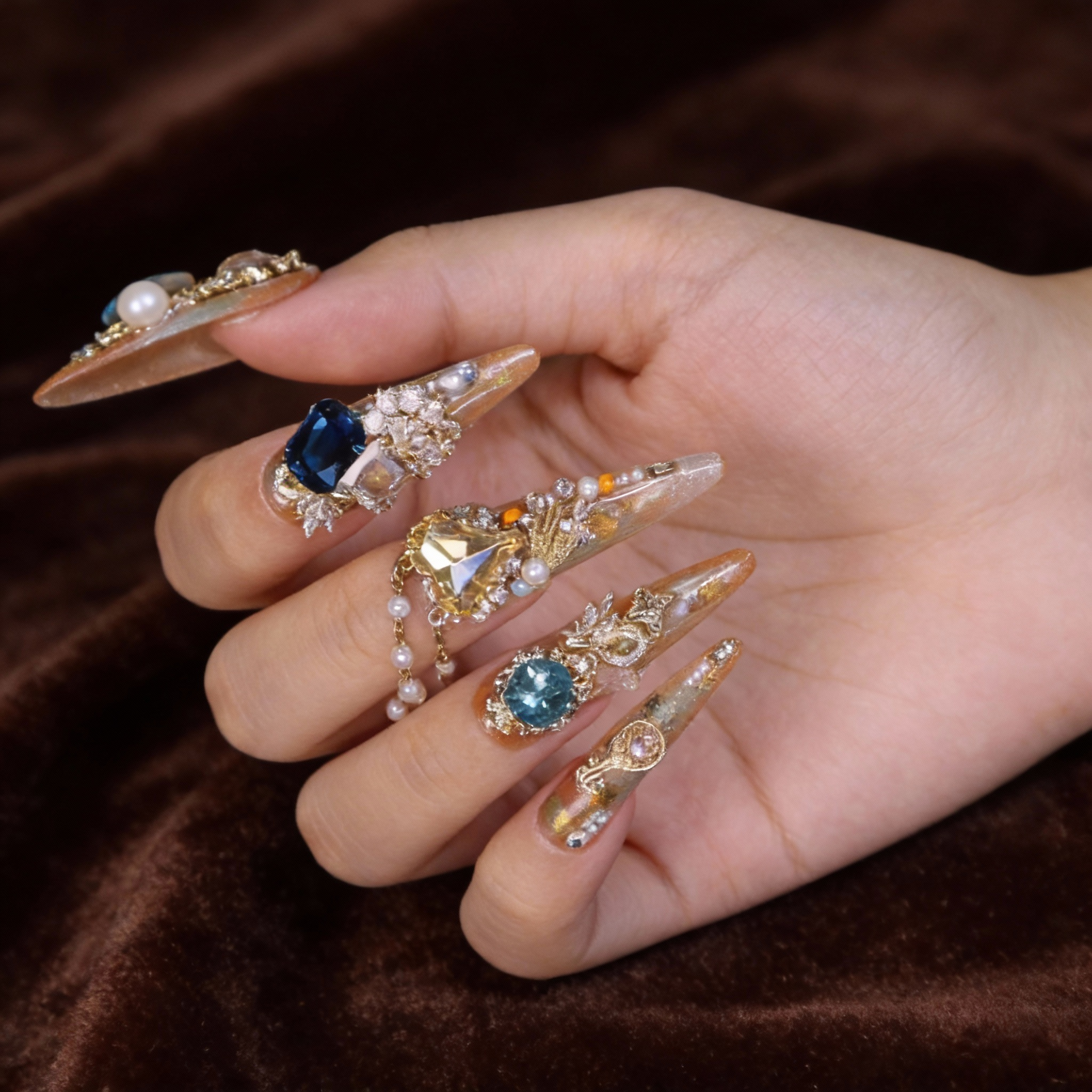Luxury gemstone press on nails Silk Road worn on hand, featuring warm gold tones, ocean blues, and jewelry-inspired nail art