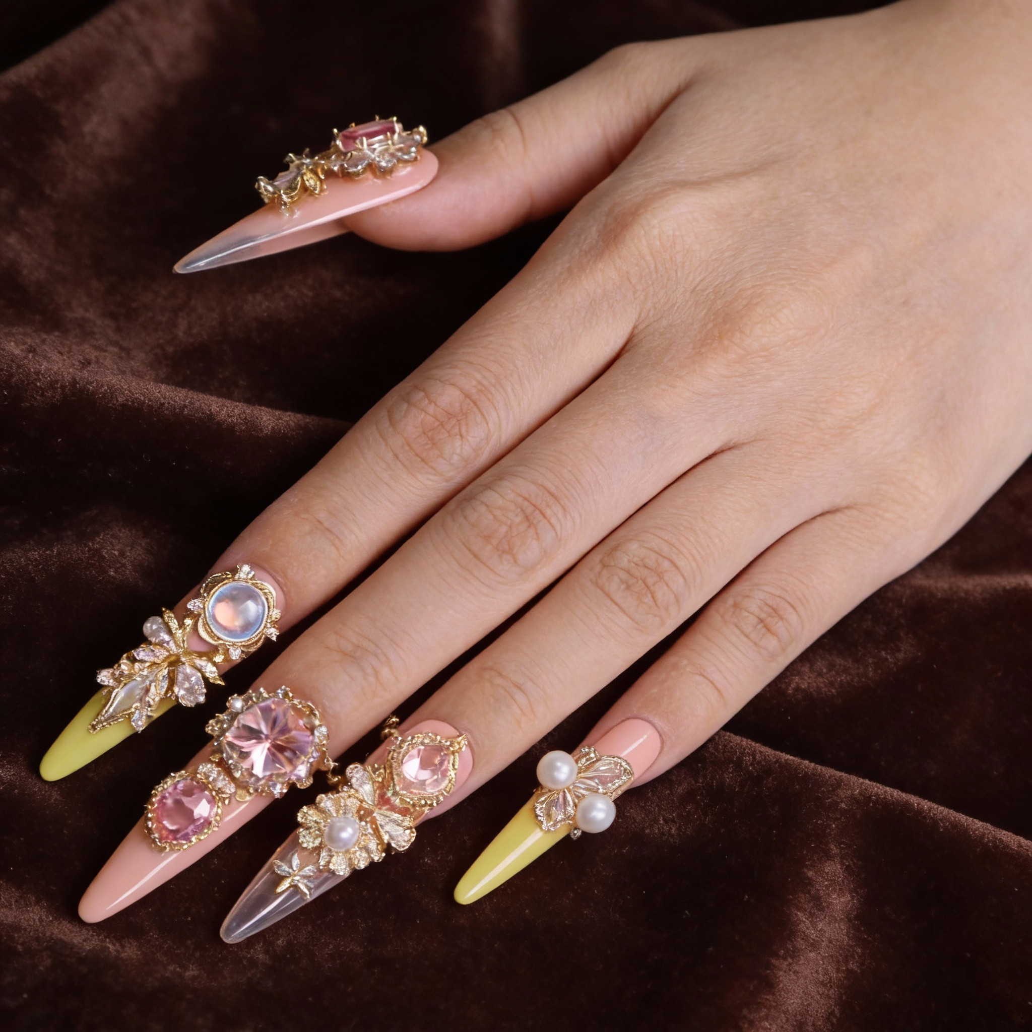 Cute luxury press on nails with opening heart charm, pink and red shimmer nails inspired by a jewelry box