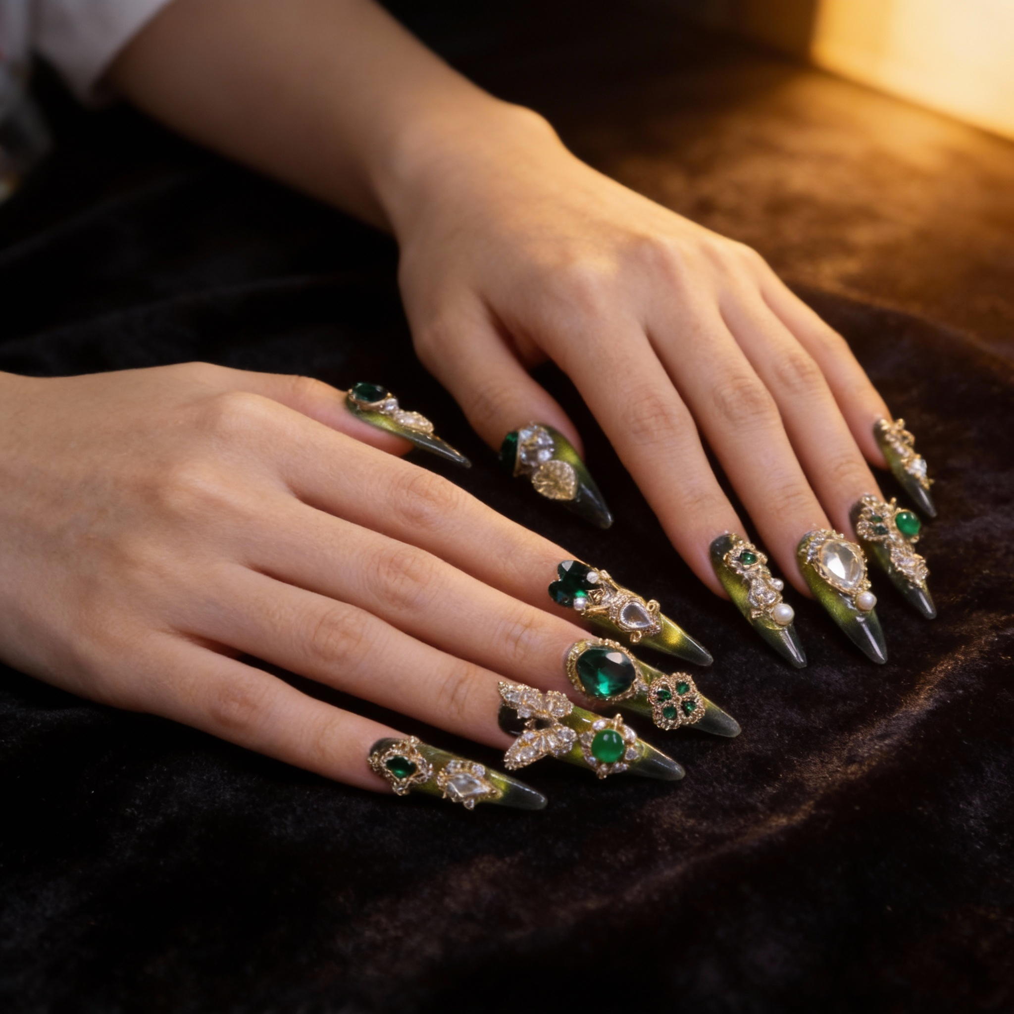 High-end press on nails with emerald color stones, pearl accents, and sculptural golden frames