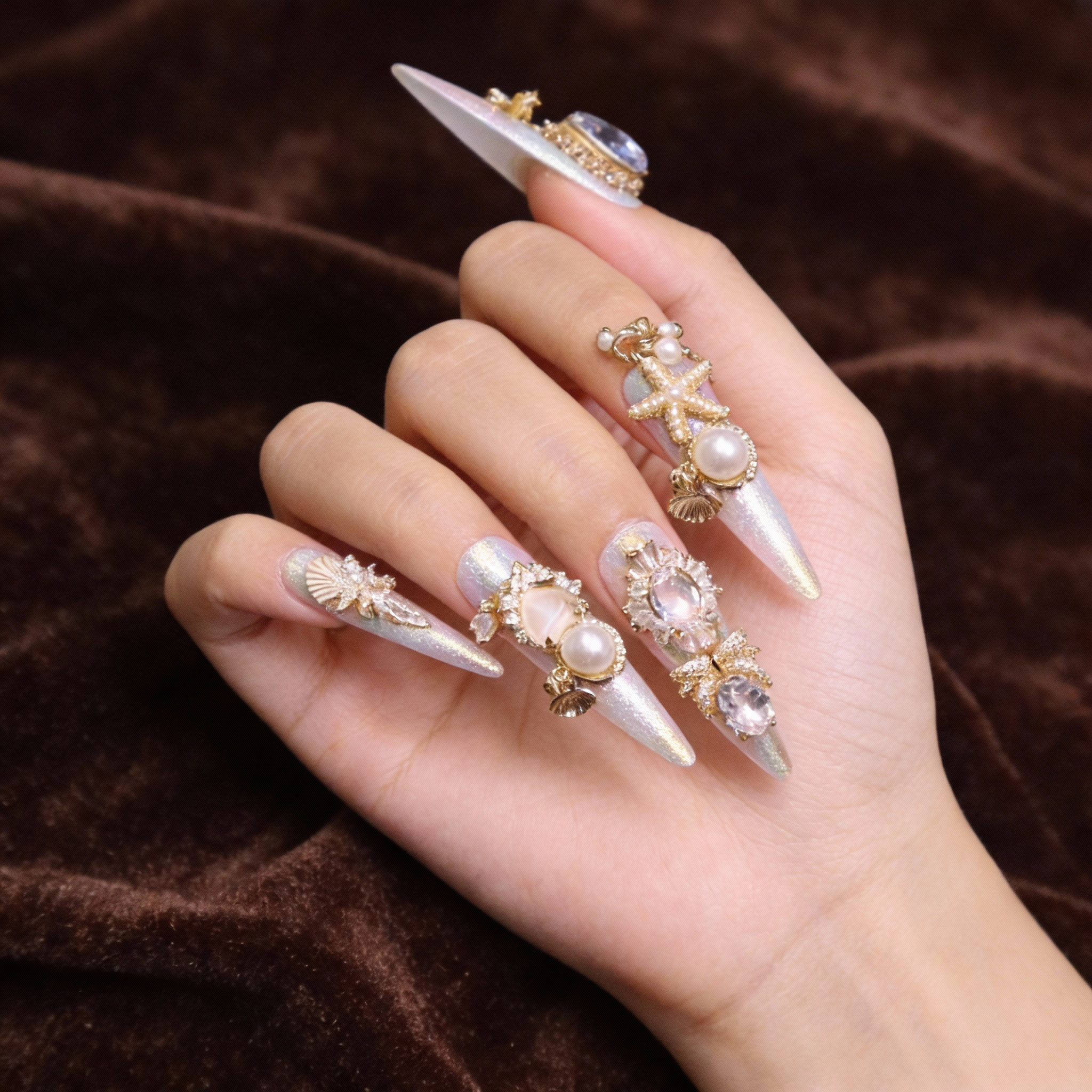 Close-up of mermaid press on nails with interwoven shimmer base and ocean-inspired charms