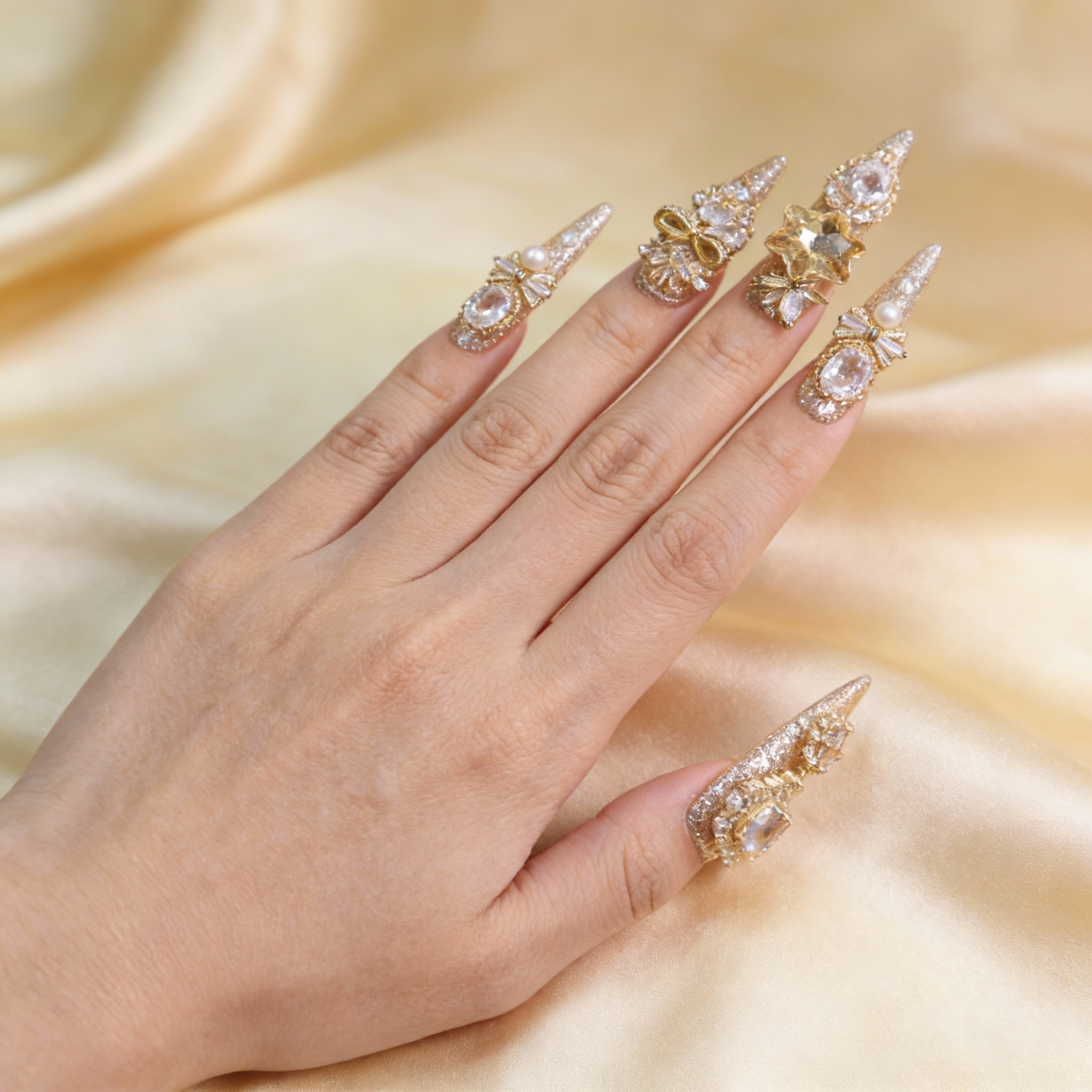 Elegant gold press on nails styled for evening wear, luxury statement nails suitable for weddings, galas and holiday events