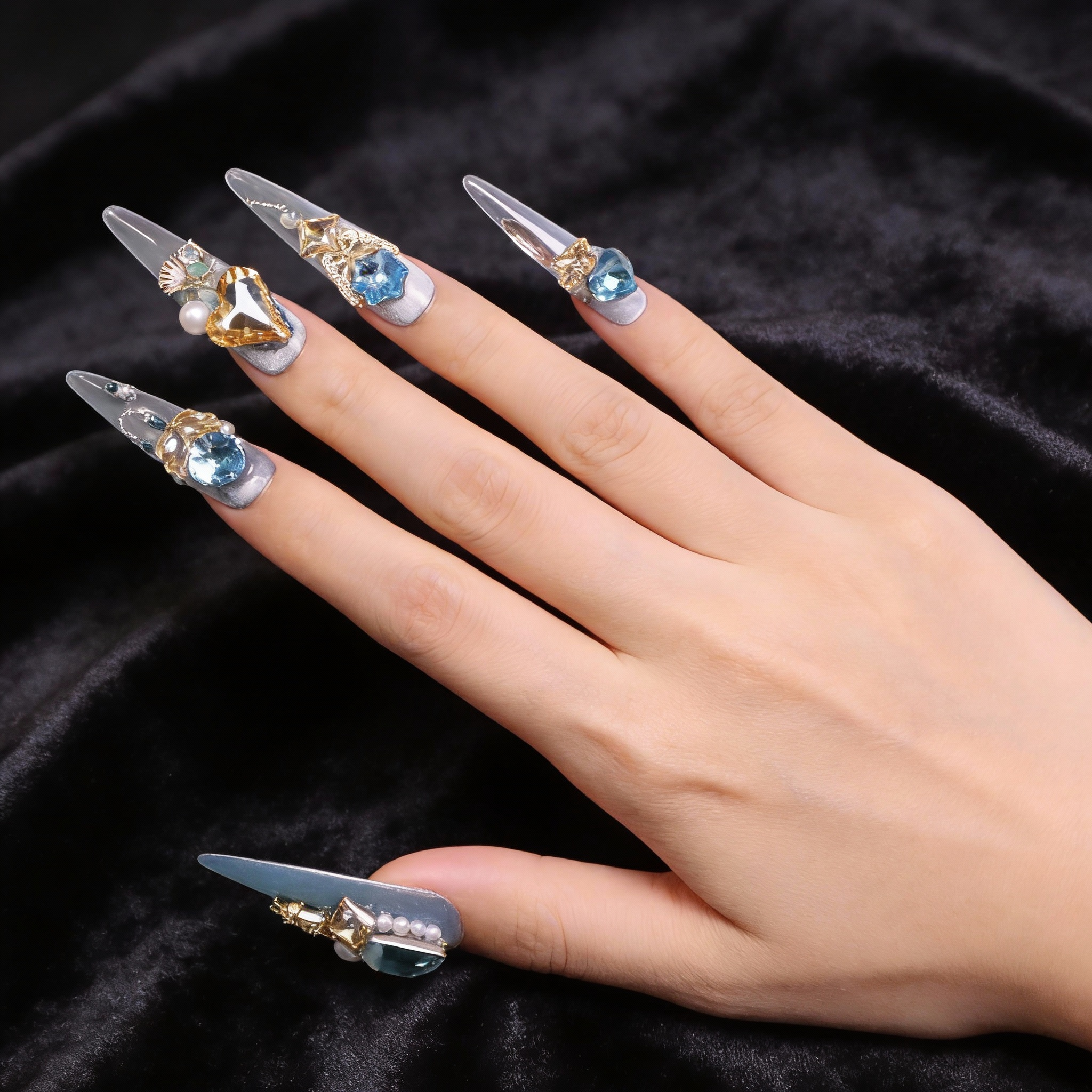 Regal ocean-inspired press on nails with blue tones, mermaid tail design, pearls, and statement shell zircon styled for formal wear