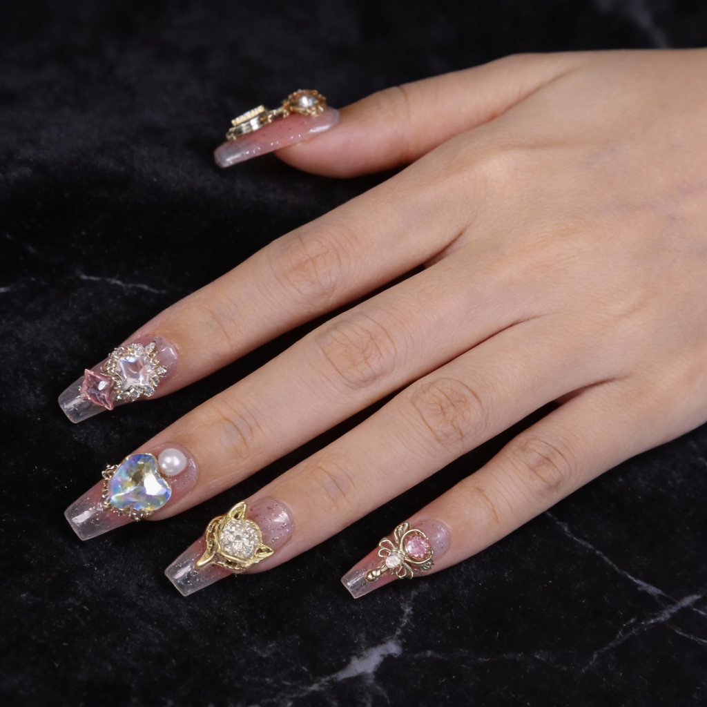 Luxury short nail set showcasing fox head charm nails with emerald green stones, polished finish, and wearable high-end design