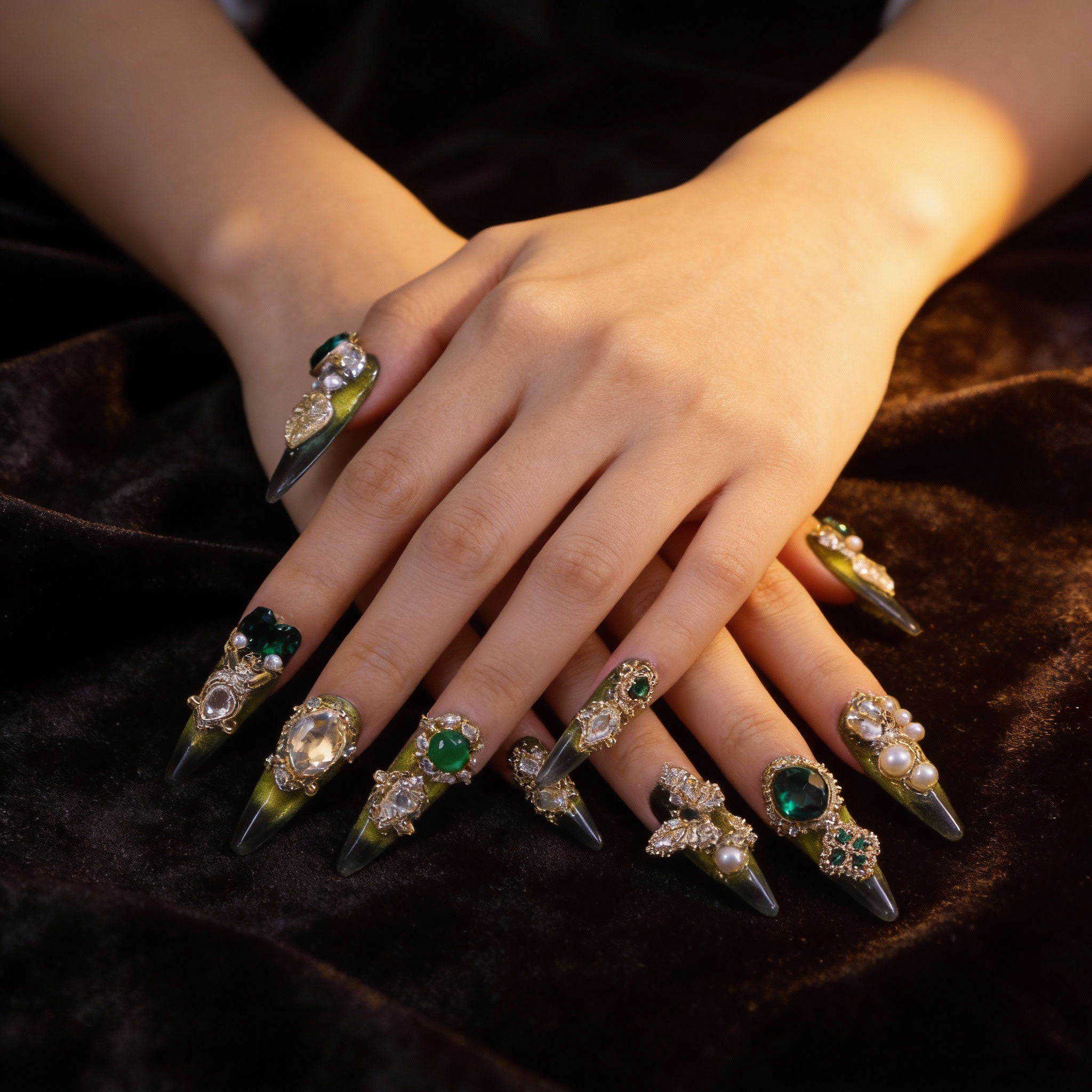 High-end press on nails with emerald color stones, pearl accents, and sculptural golden frames