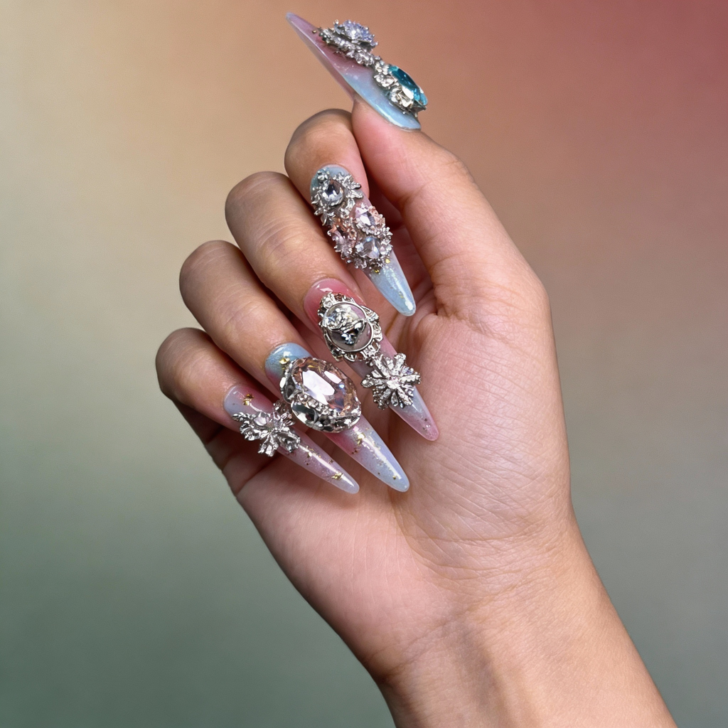 Unicorn Fantasy luxury press on nails worn on hand with pink and blue gradient shimmer finish