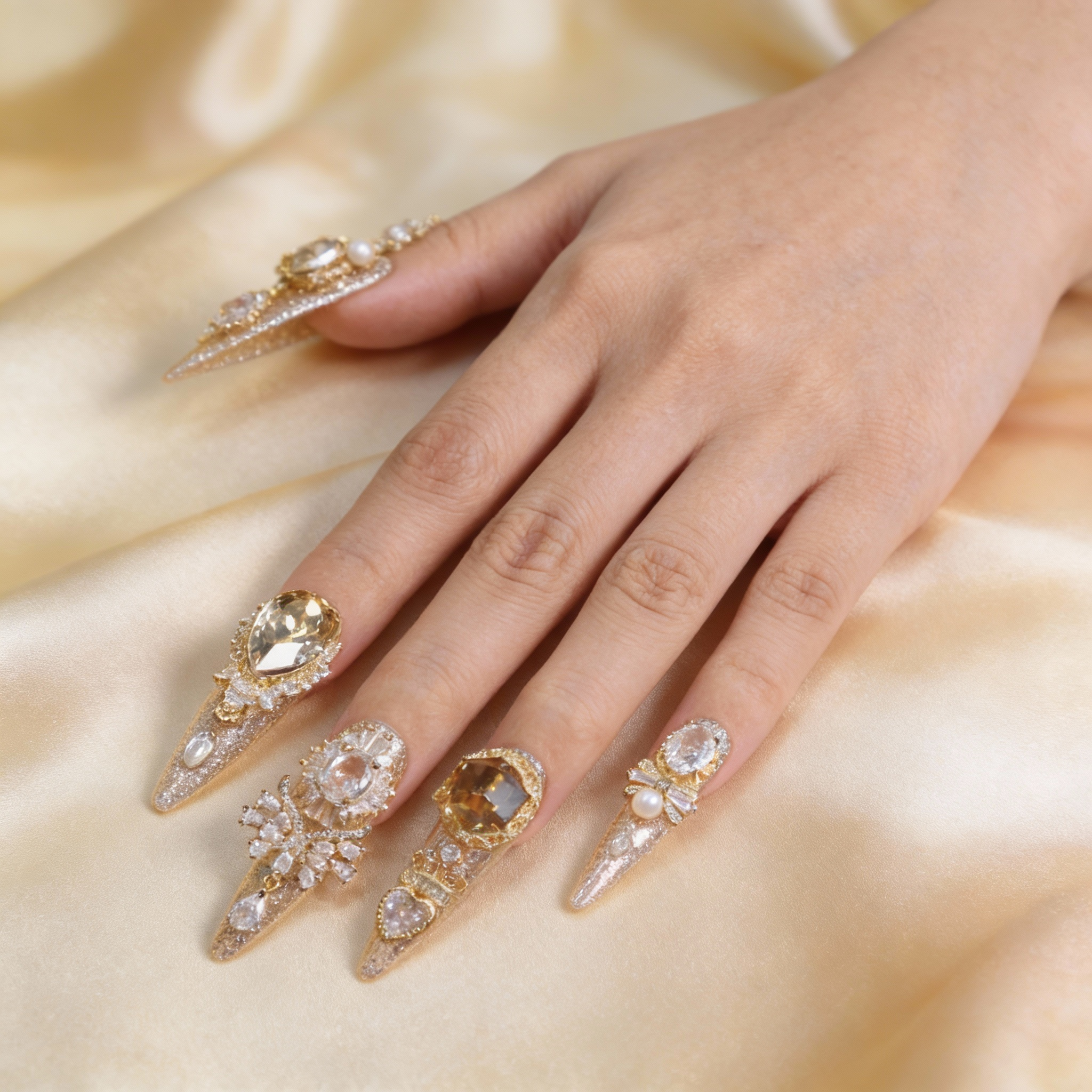 Gold luxury press on nails worn on hand, elegant crystal and pearl nail art with soft glitter finish, refined statement nails for formal occasions