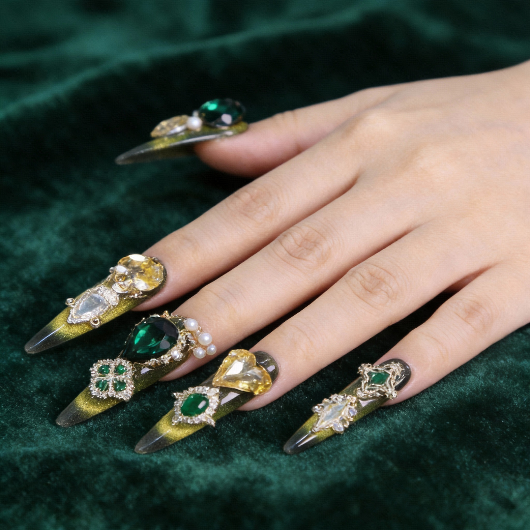 Emerald green statement nails inspired by fine jewelry and imperial design