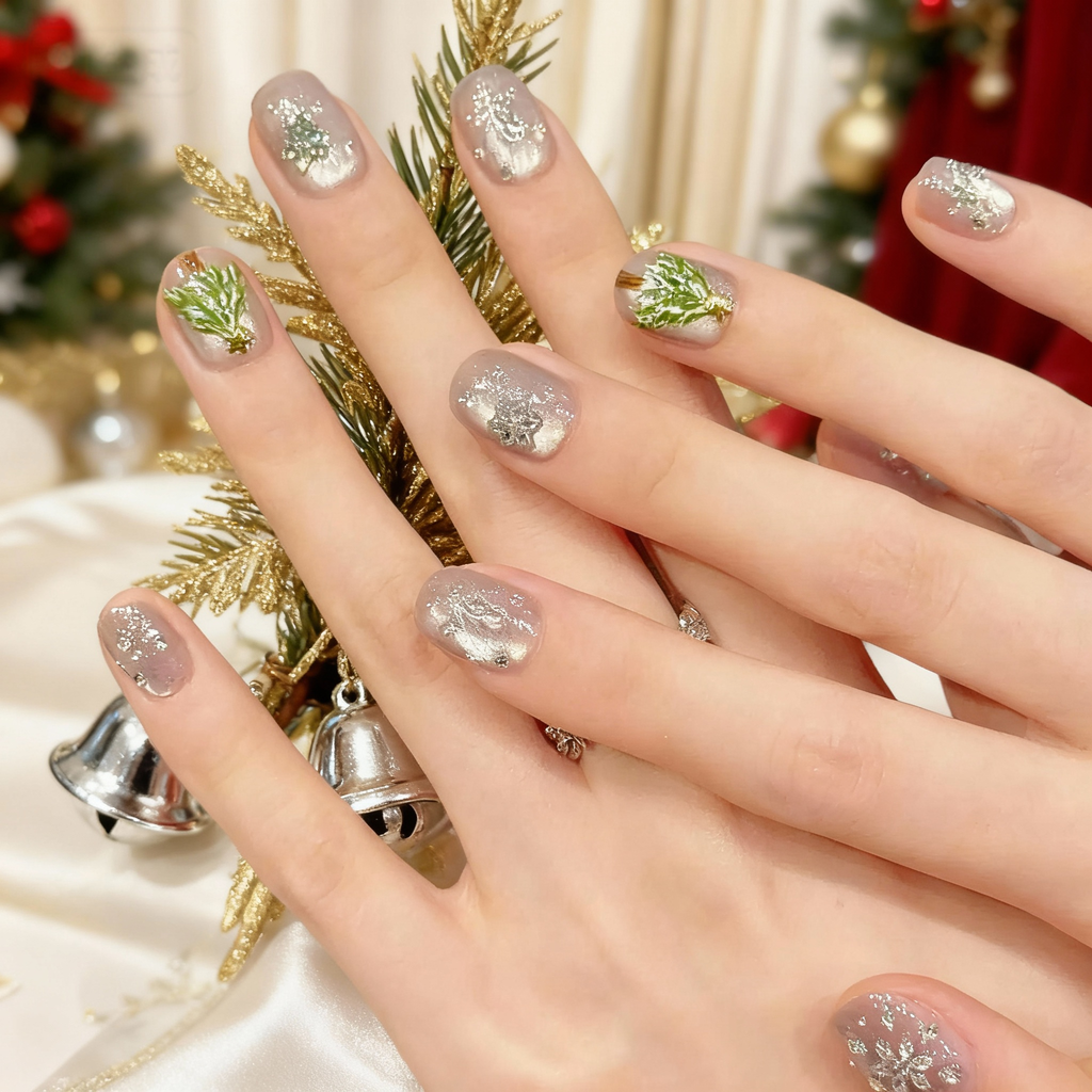 Close-up of Christmas Snowglow simple christmas nails with white shimmer and 3D snowflakes