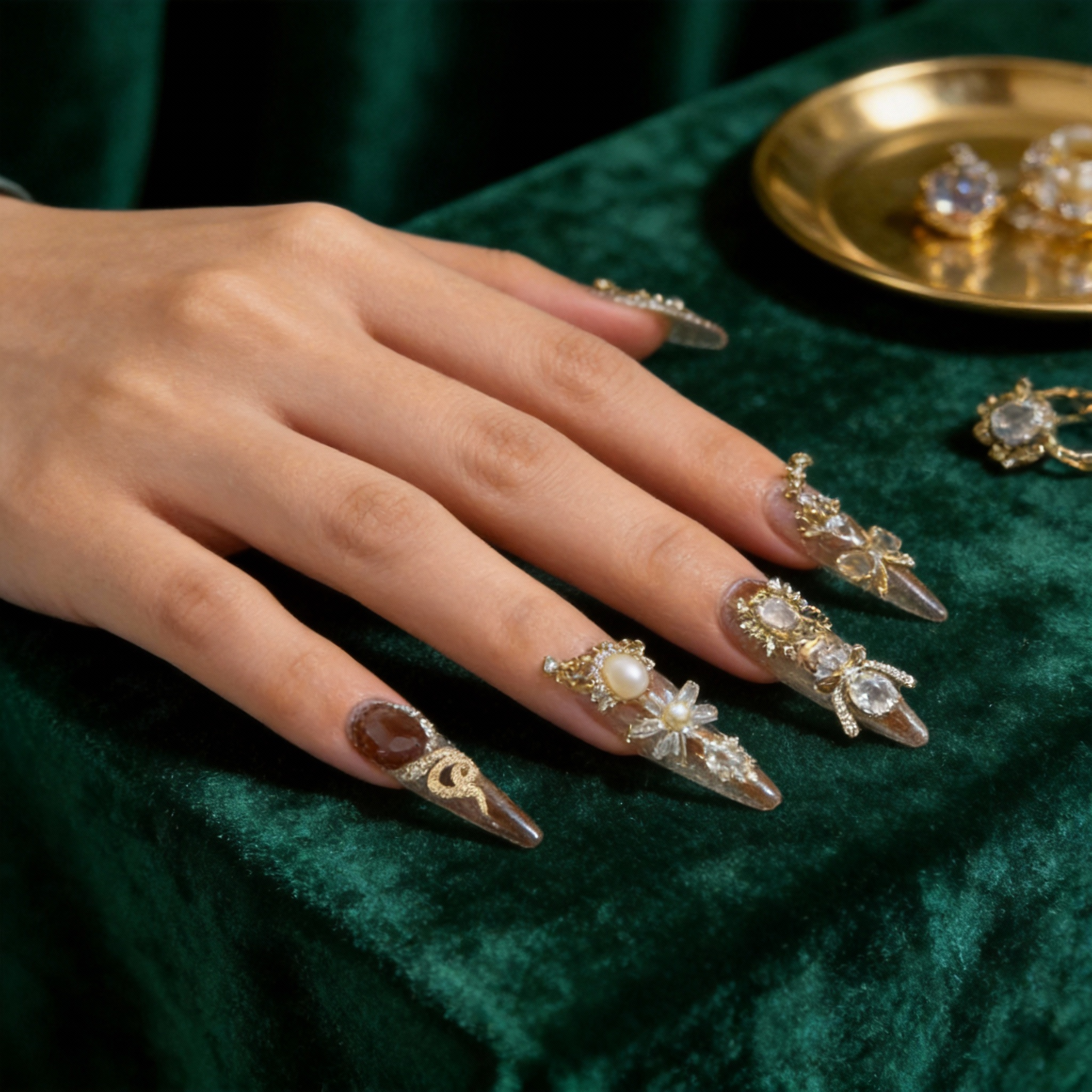 Natural red-brown press-on nails with floral accents, casual and elegant nail look