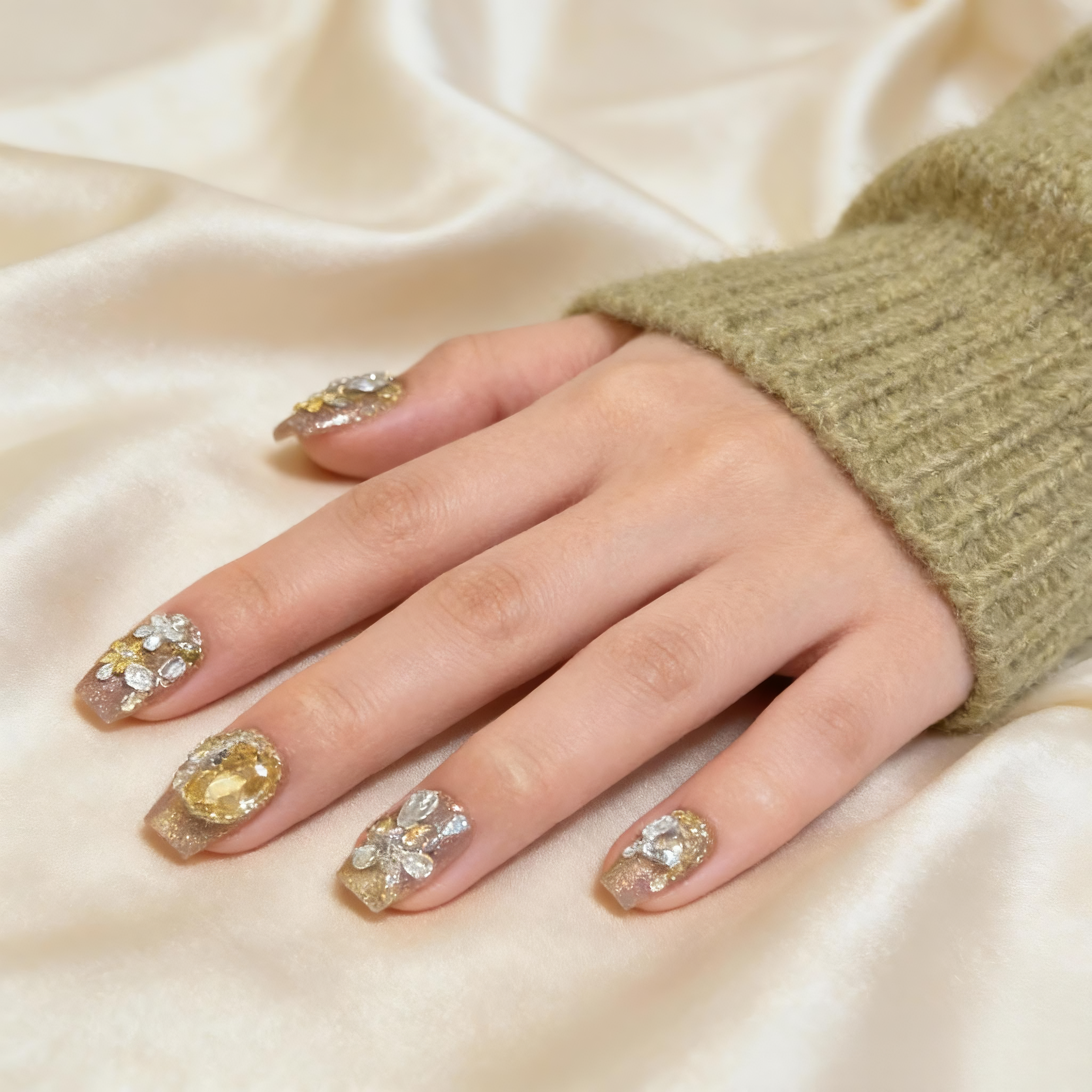 Hand model wearing Sunlit Frost winter sparkly nails with soft golden light and glass-like finish