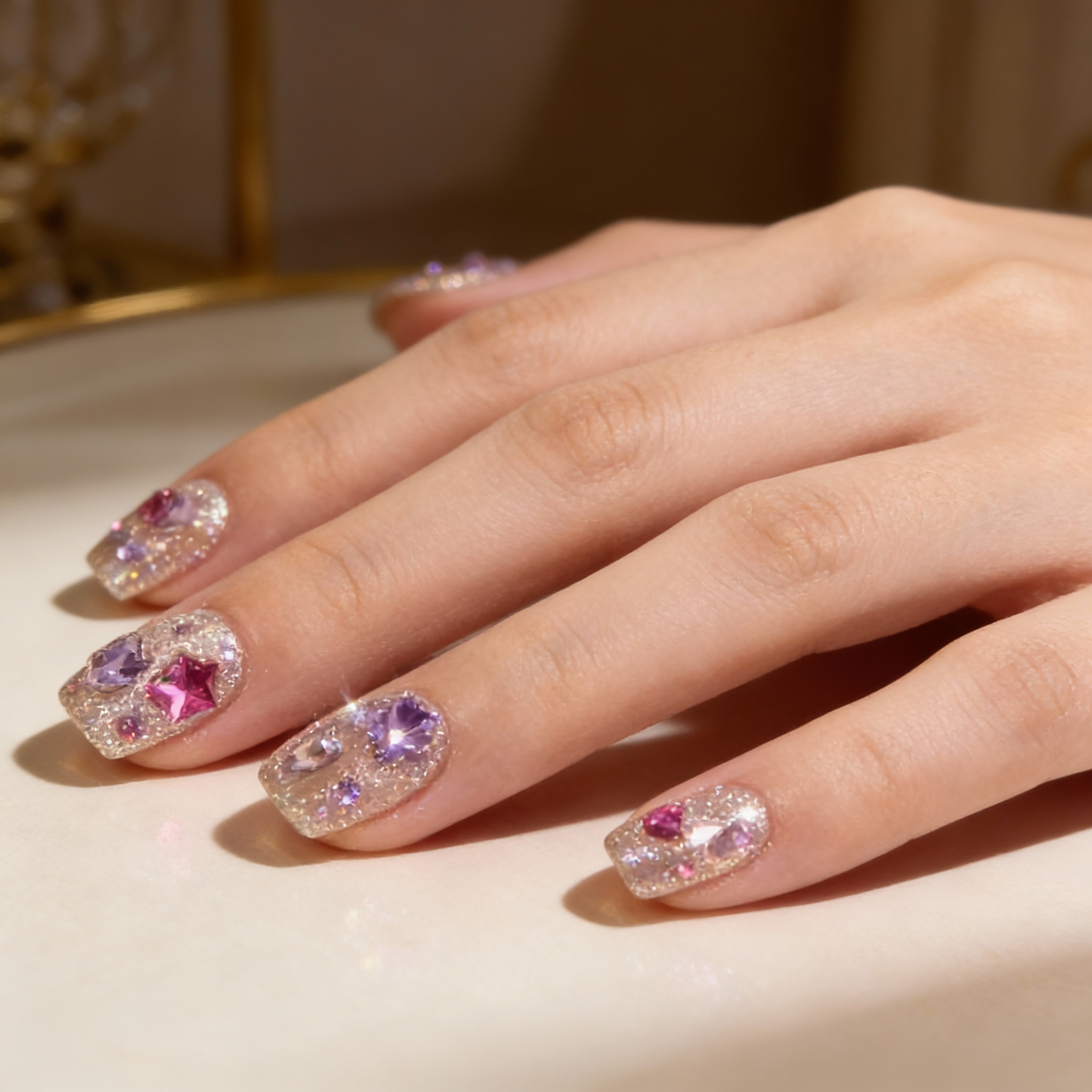 Hand wearing cute winter sparkly nails with star and heart crystals on a translucent icy base