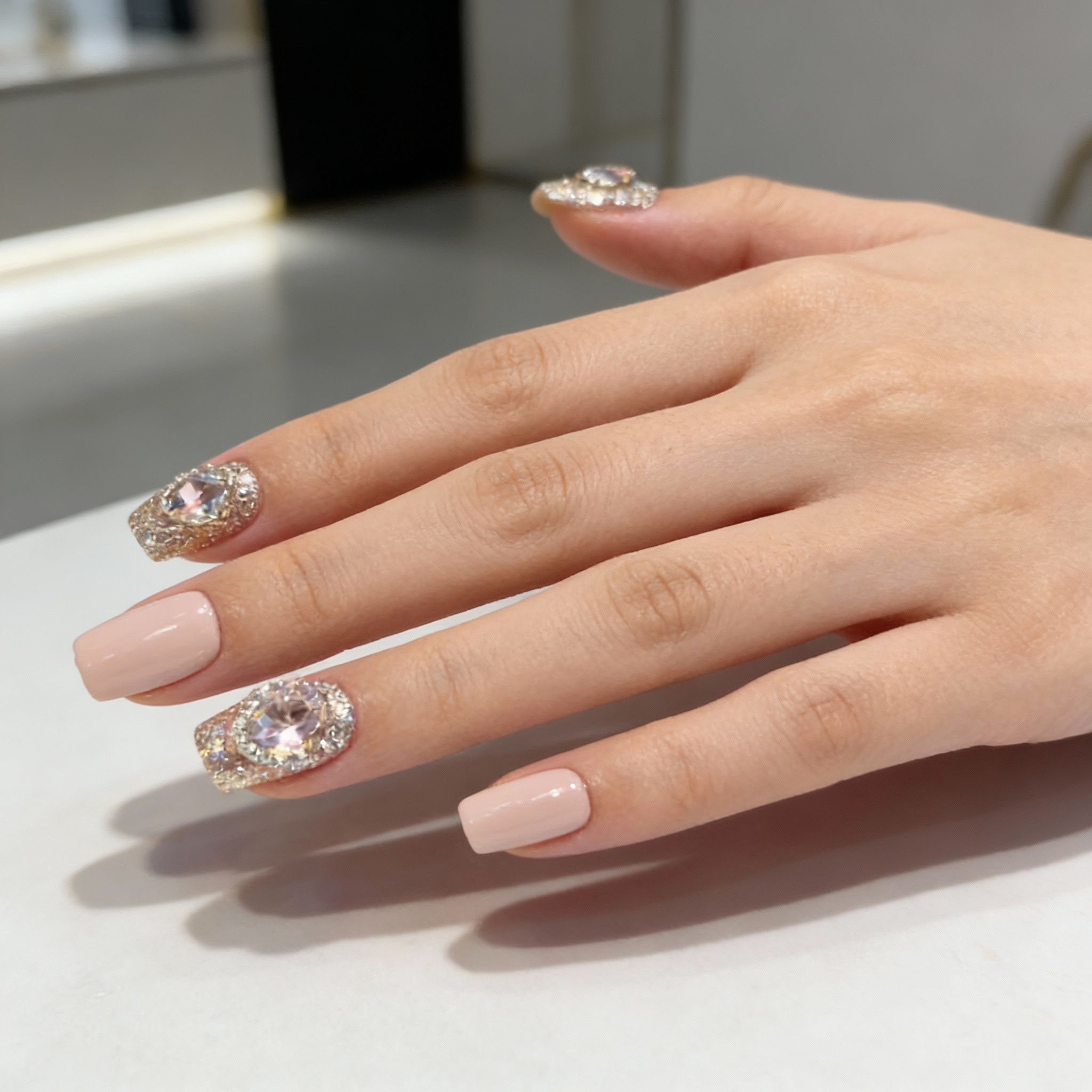 Cute winter sparkly nails with heart-shaped crystals and solid color contrast, Winter Love Sparkle press-on nails on hand