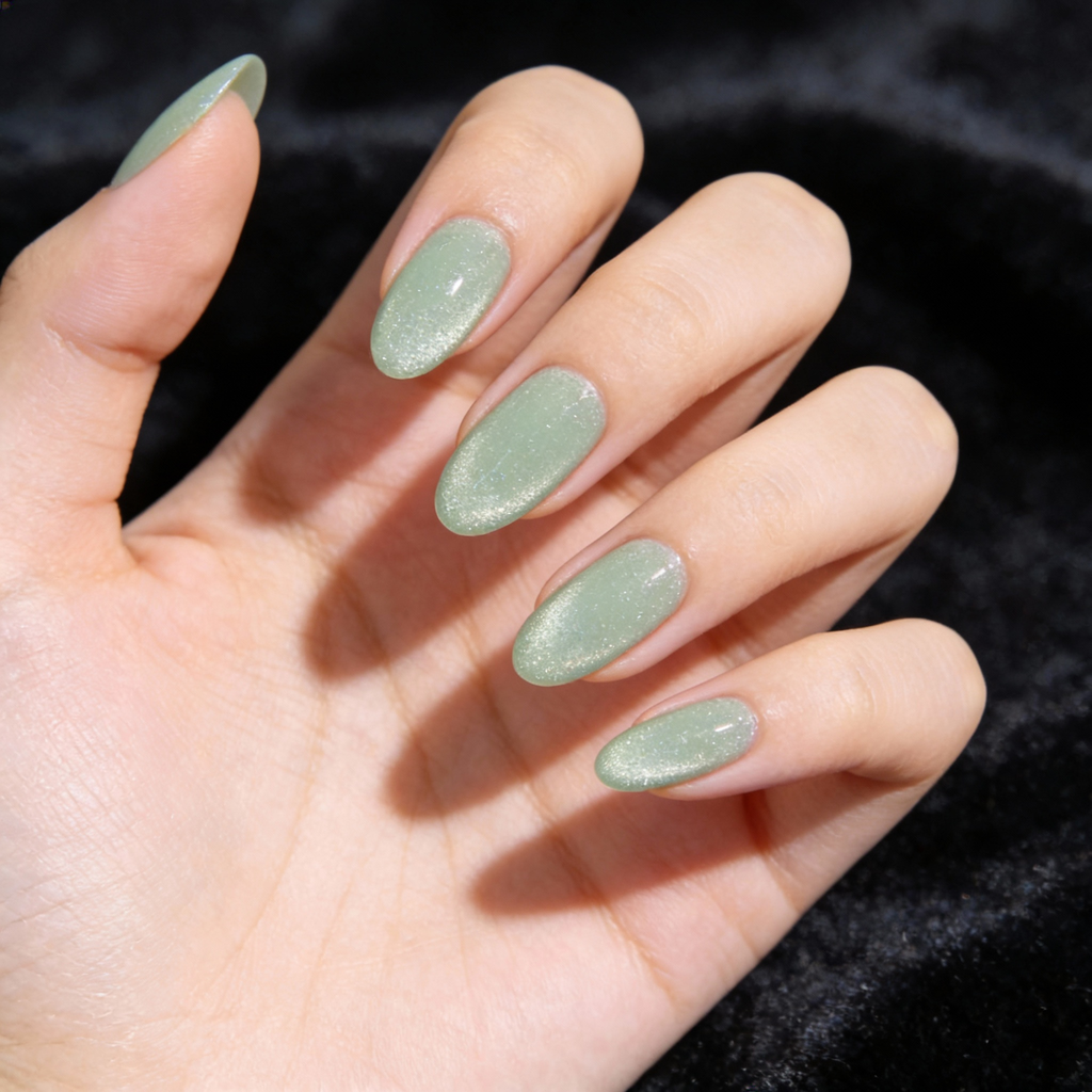 Elegant green winter nails with subtle shimmer, Jade Frost Sparkle design under natural light.