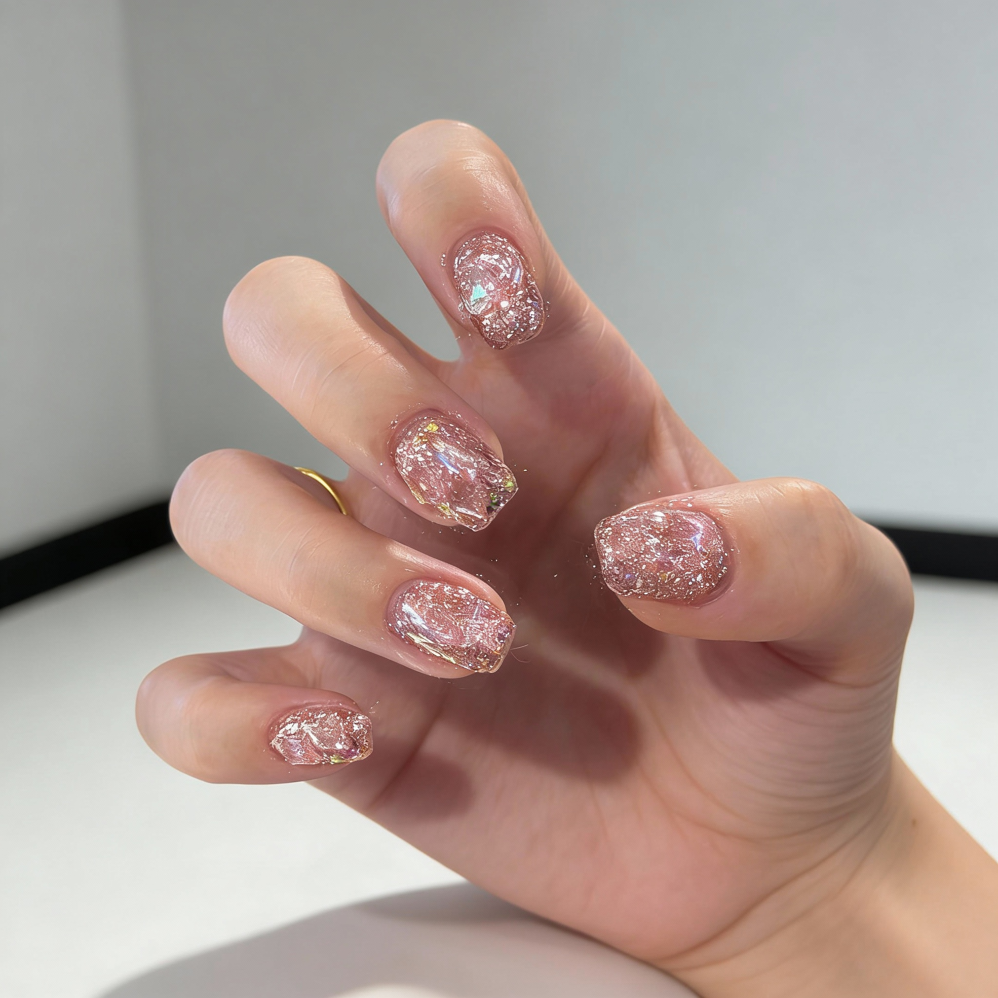 Soft pink sparkly winter nails worn on hand, subtle shimmer effect perfect for classy winter nails and everyday winter outfits.