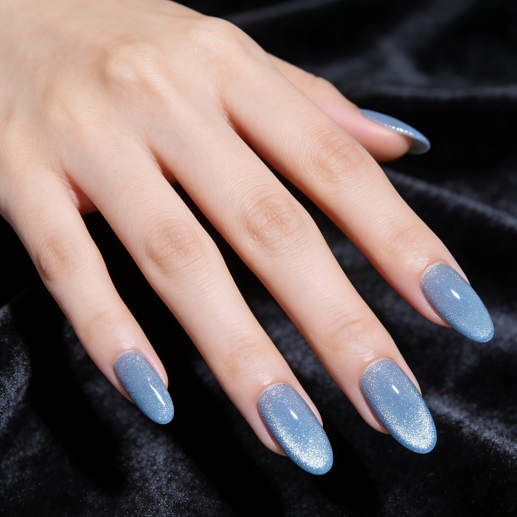 Elegant midnight blue winter nails with fine sparkle under soft lighting.