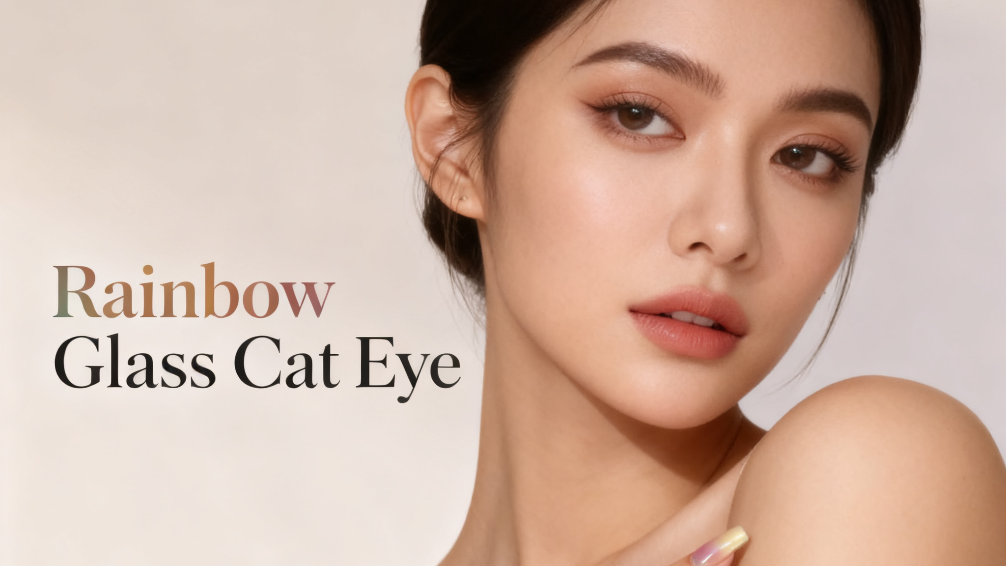 Woman with colorful nail polish on a beige background with text 'Rainbow Glass Cat Eye'.