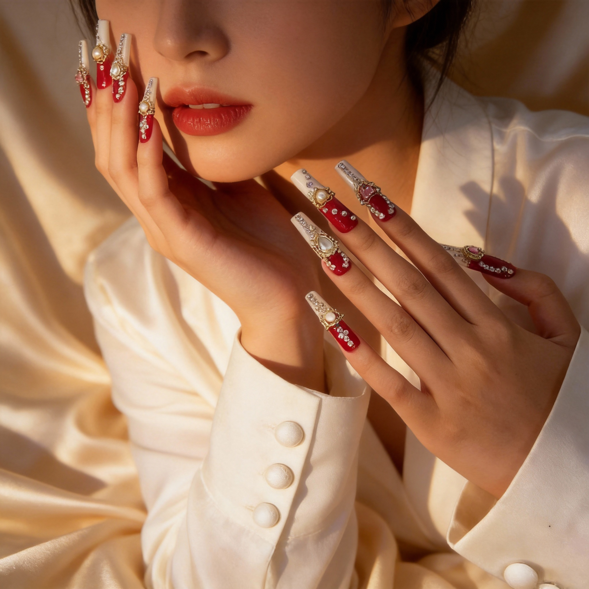 Red press-on nails worn on hand with heart-shaped crystal details