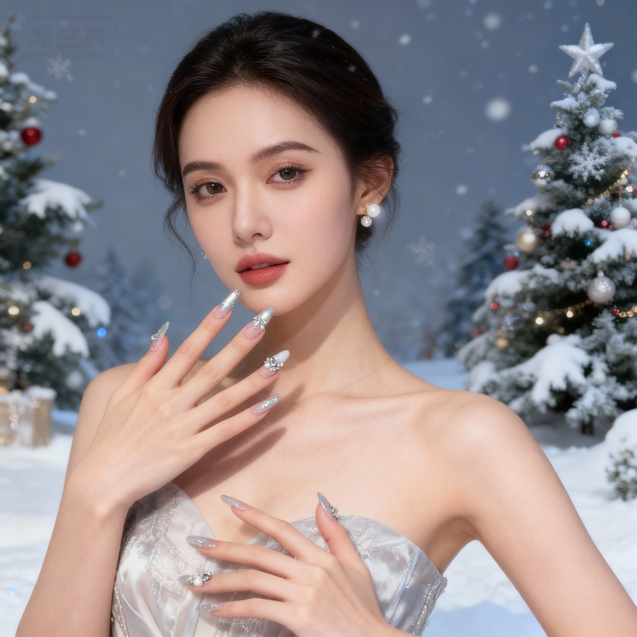 close-up of model showing silver French cat-eye holiday nails in snowy Christmas background