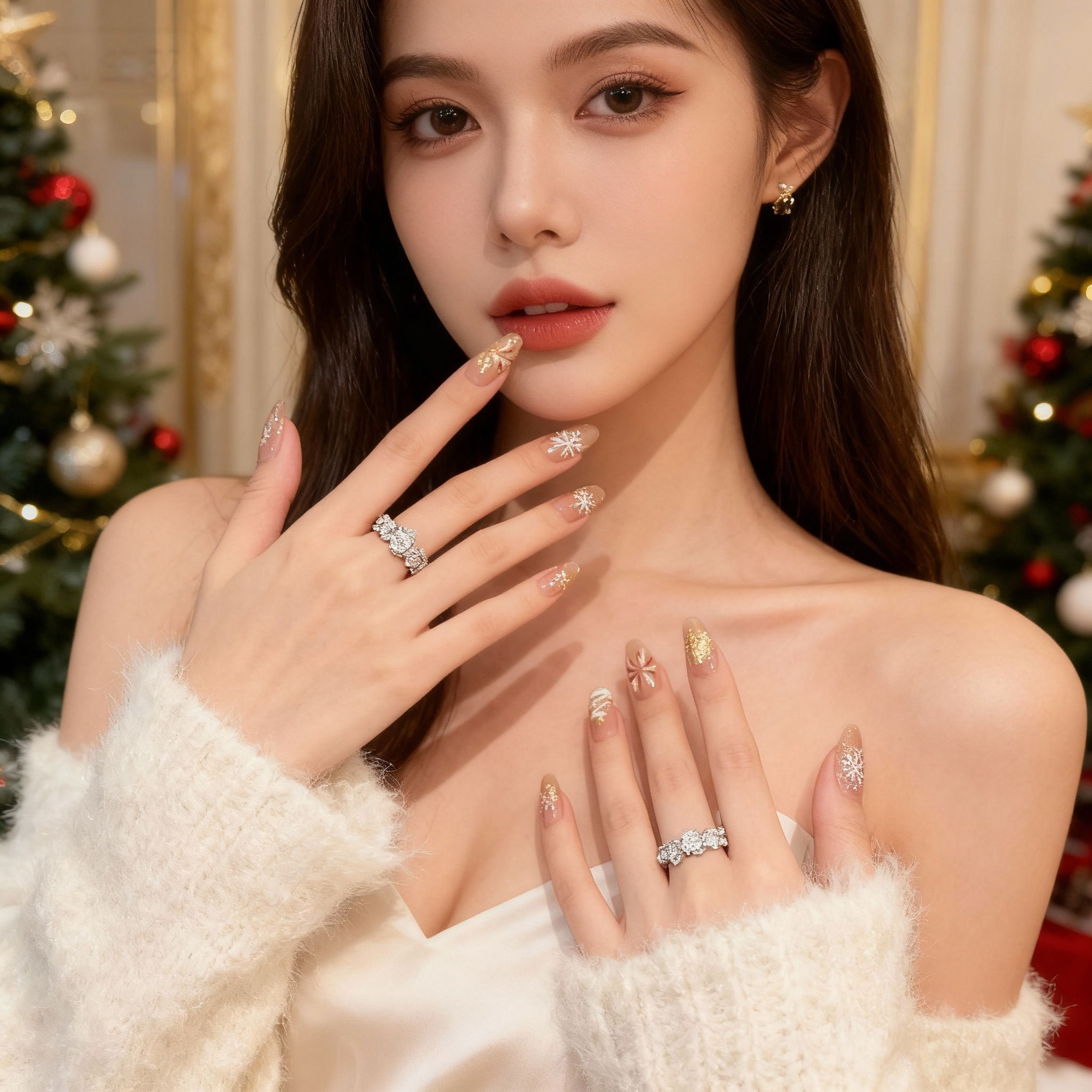 festive nude Christmas nails with snowflake and gold details worn in a cozy holiday setting”