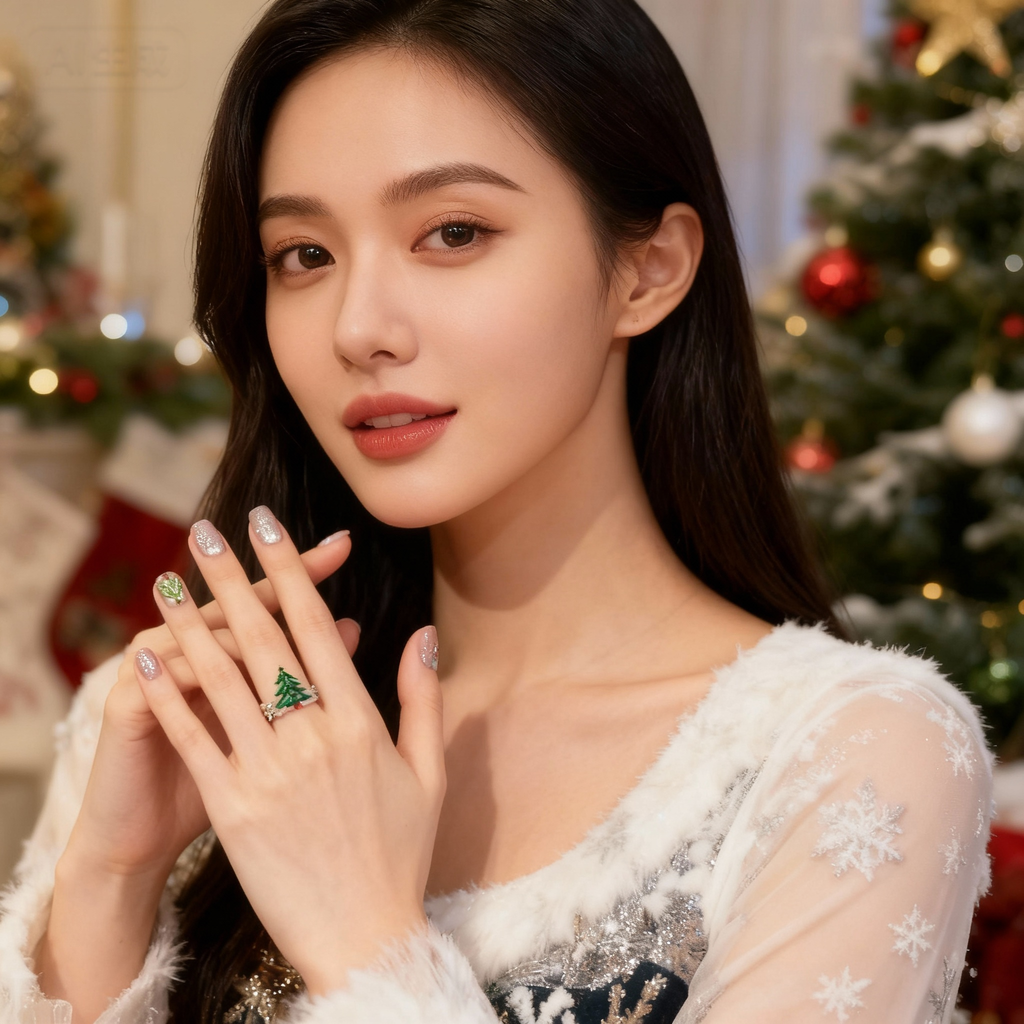 Model wearing Christmas Snowglow press-on nails with frosted white base and crystal snowflake design