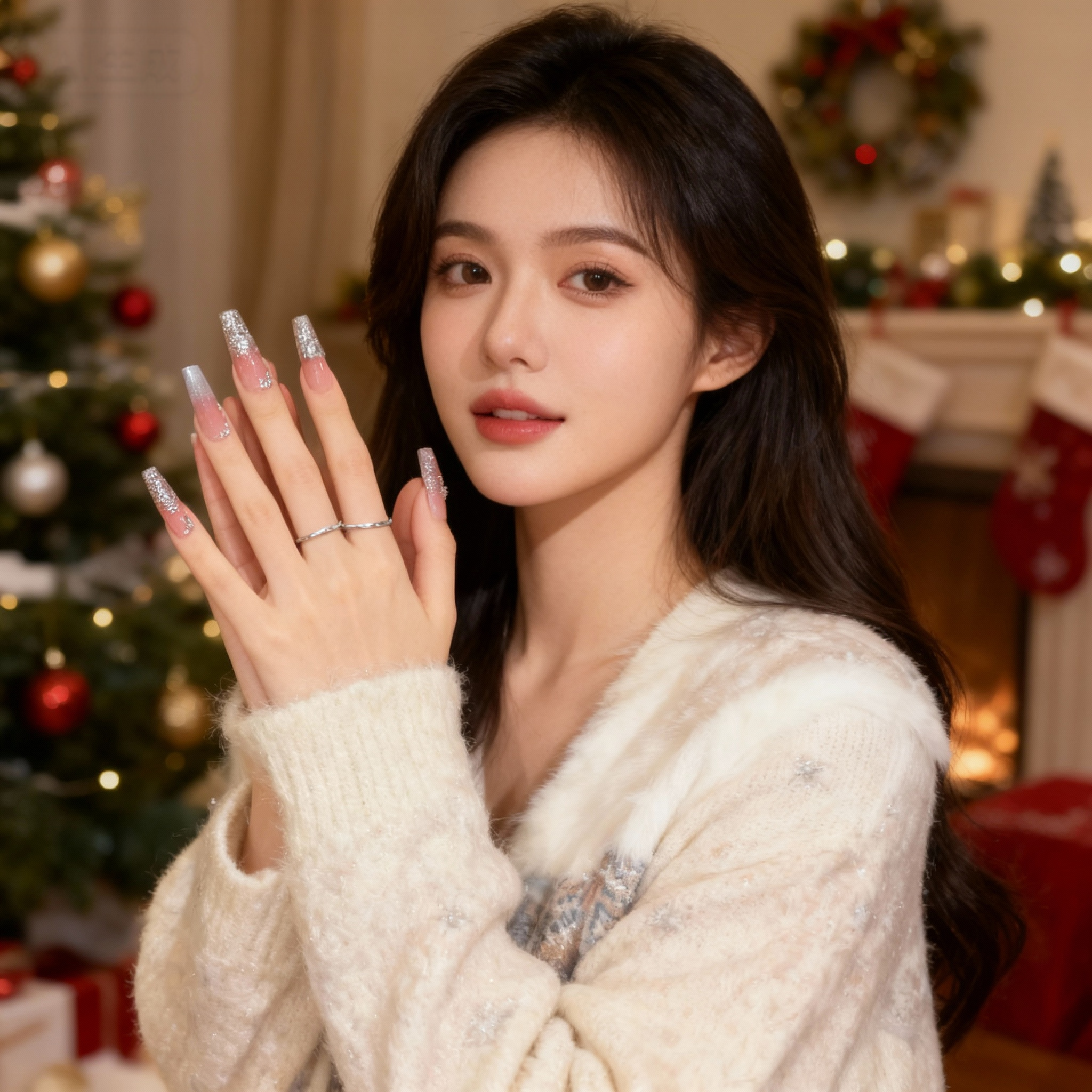 model wearing Snowy Blush winter press-on nails in holiday setting