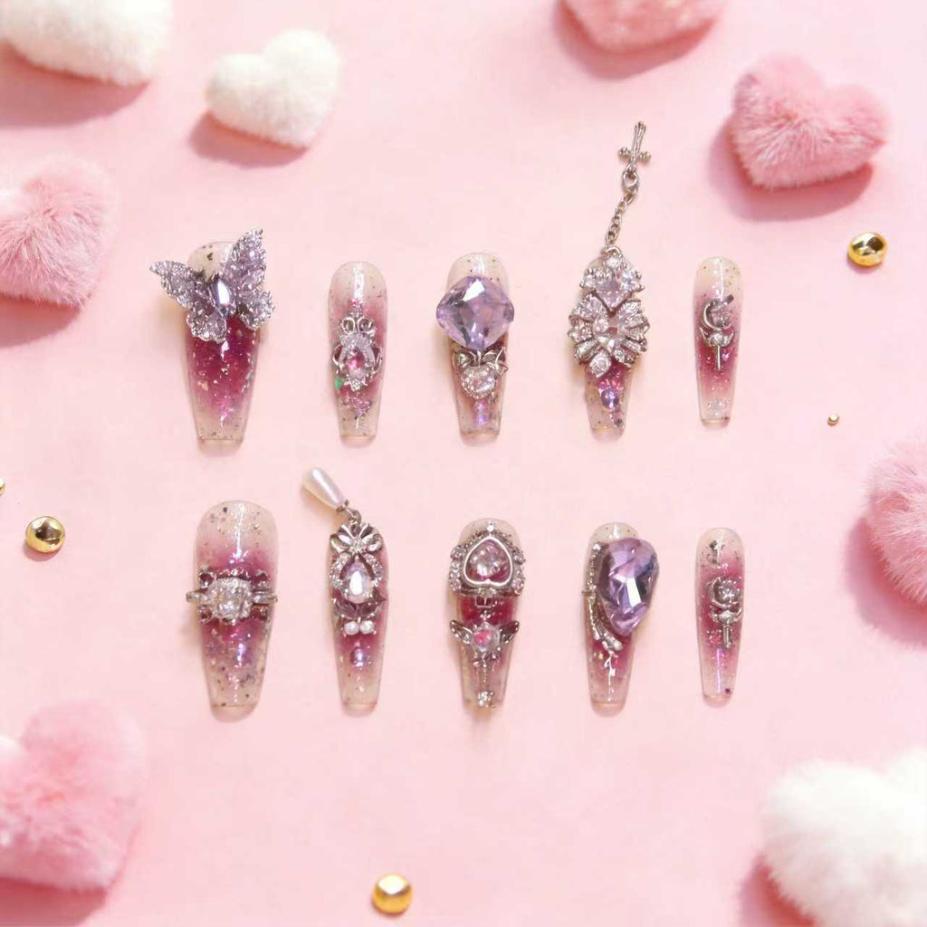 Purple butterfly press-on nails with heart charm, valentine special 