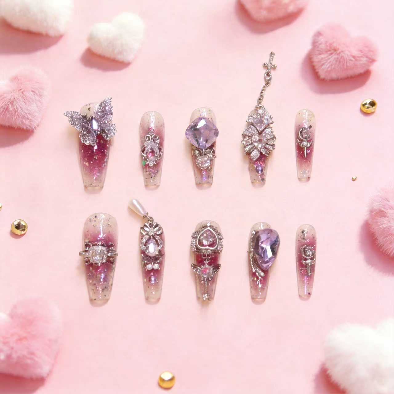 Purple butterfly press-on nails with heart charm, valentine special 