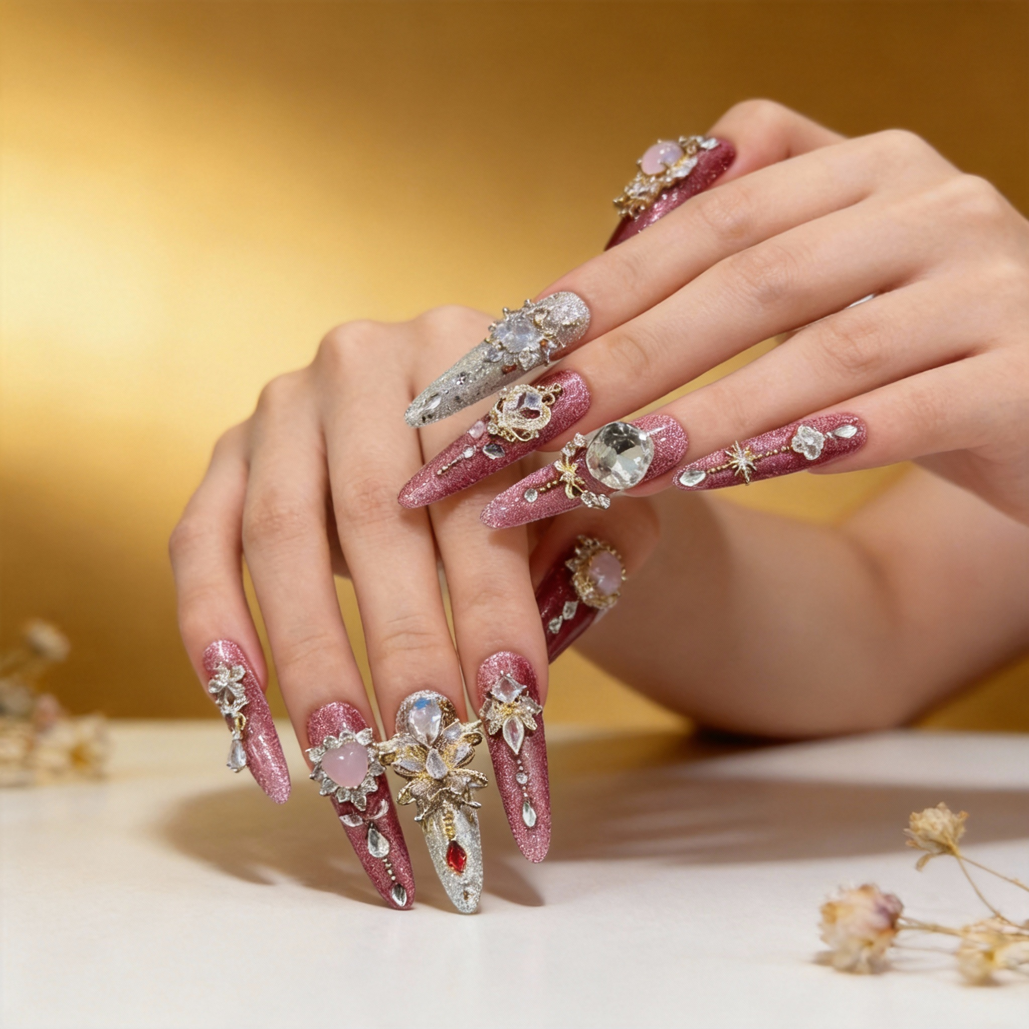 Rose pink press-on nails worn on hand with subtle crystal accents