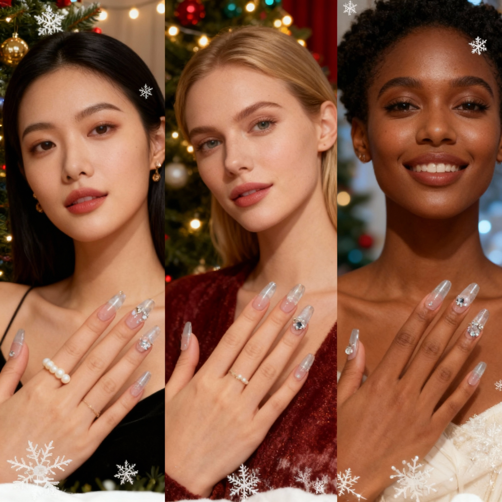 three models showcasing silver French press-on nails with festive holiday styling